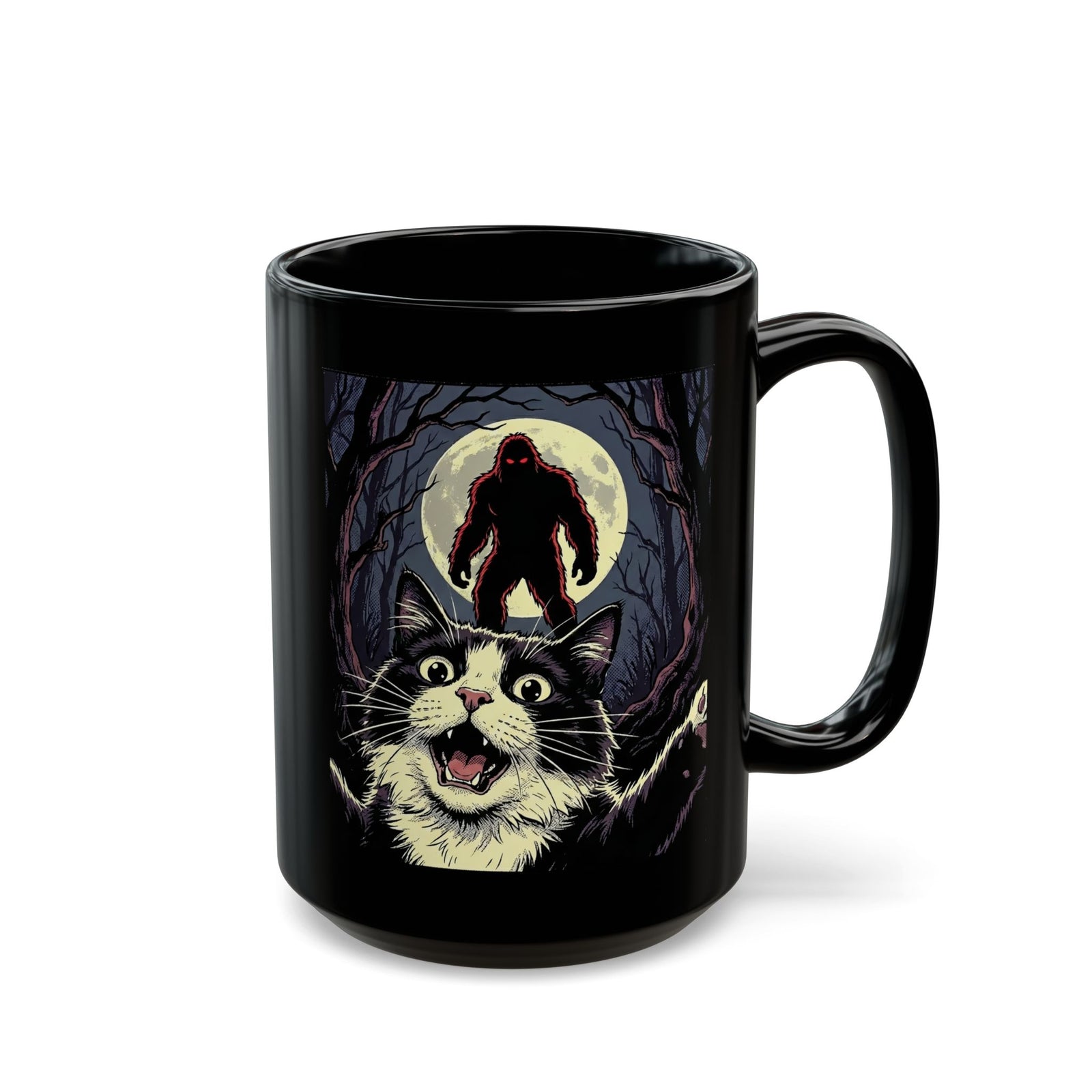 Cat Selfie with Bigfoot Black Mug