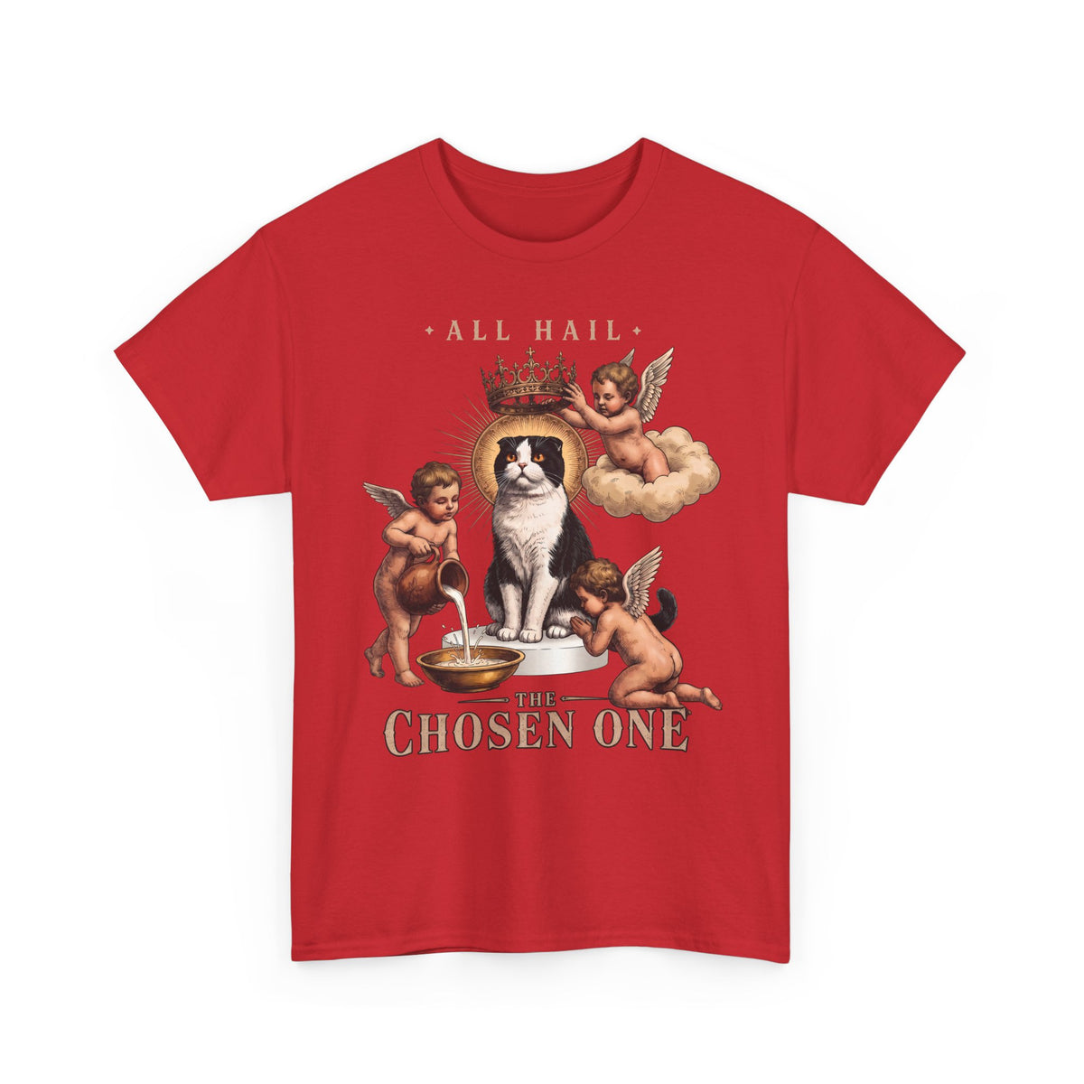 All Hail The Chosen One T-Shirt — Funny Tuxedo Cat Cherub Art Tee