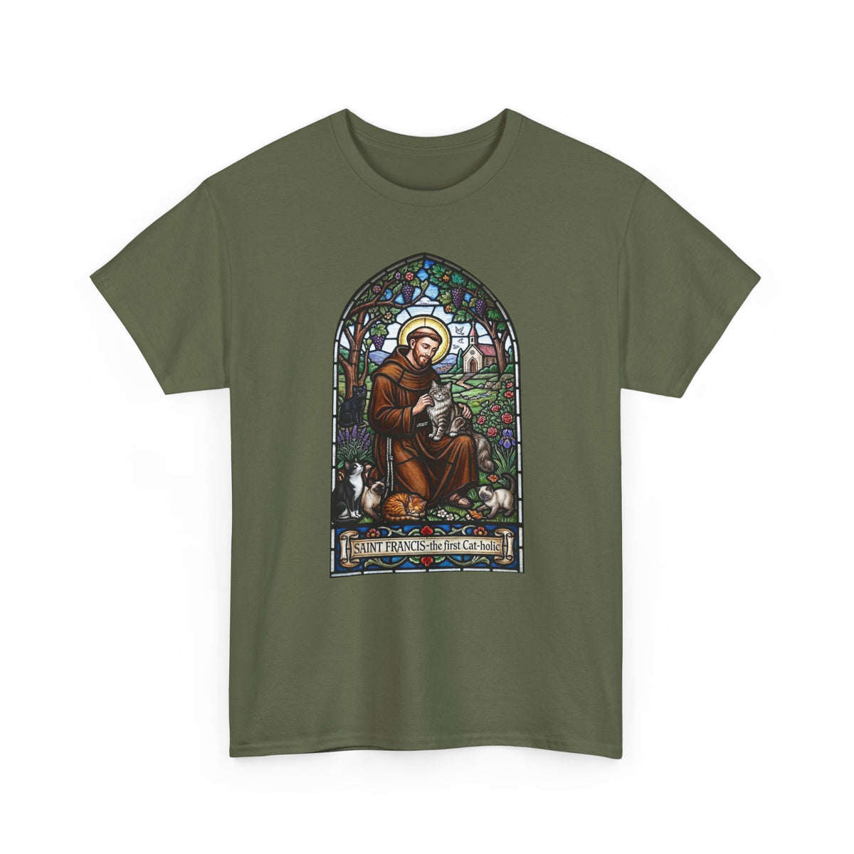 Saint Francis Cat T-Shirt — "SAINT FRANCIS — the first Cat-holic"