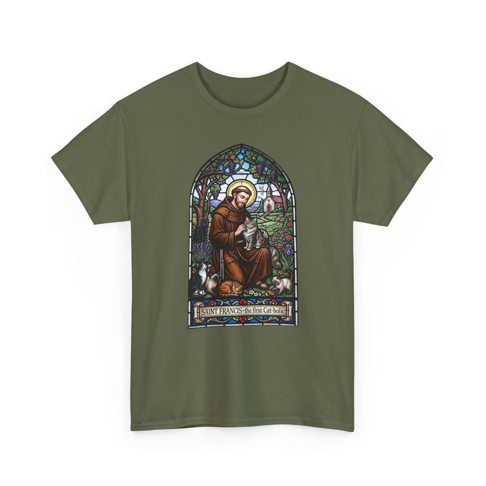 Saint Francis Cat T-Shirt — "SAINT FRANCIS — the first Cat-holic"