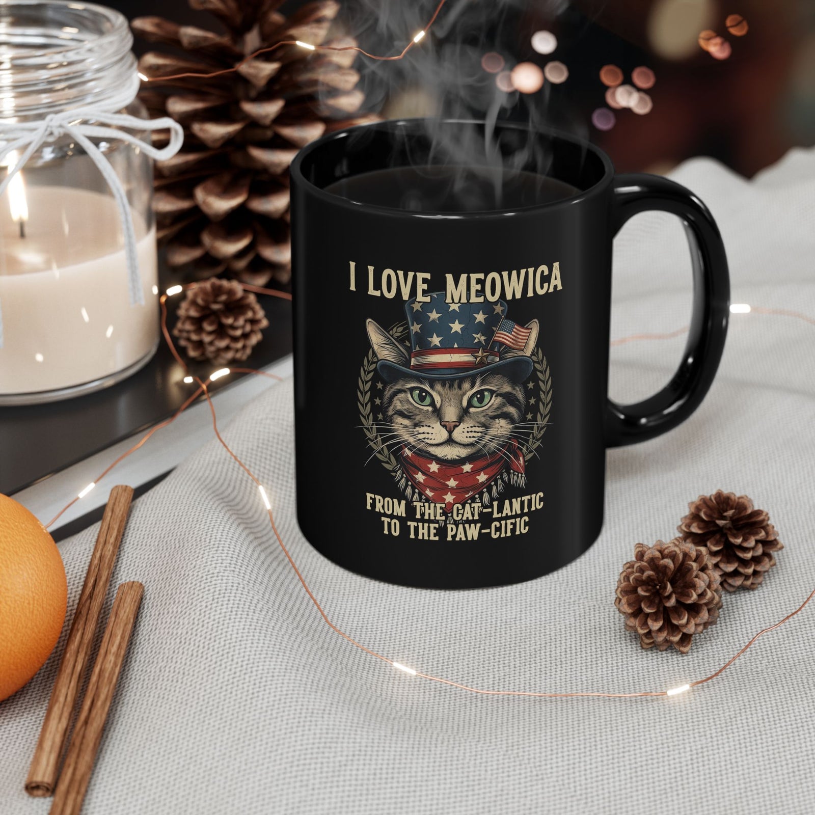 I Love MEOWICA Cat Black Mug — From the Cat-lantic to the Paw-cific