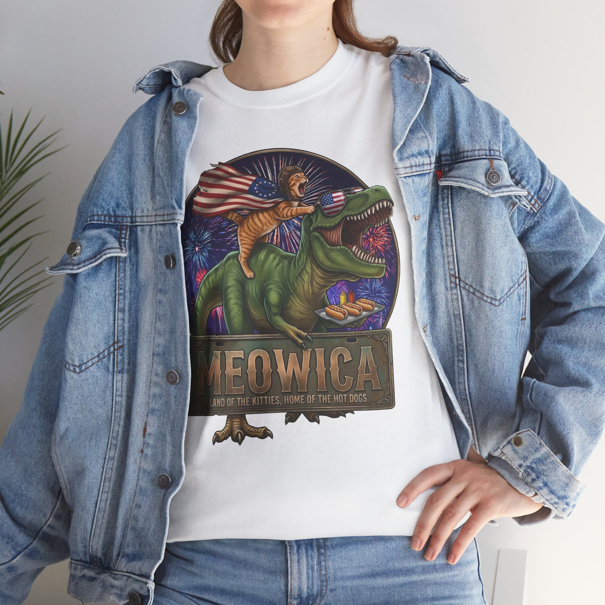 4th of July Cat Riding T‑Rex T‑Shirt "Meowica: Land of the Kitties" Patriotic Graphic