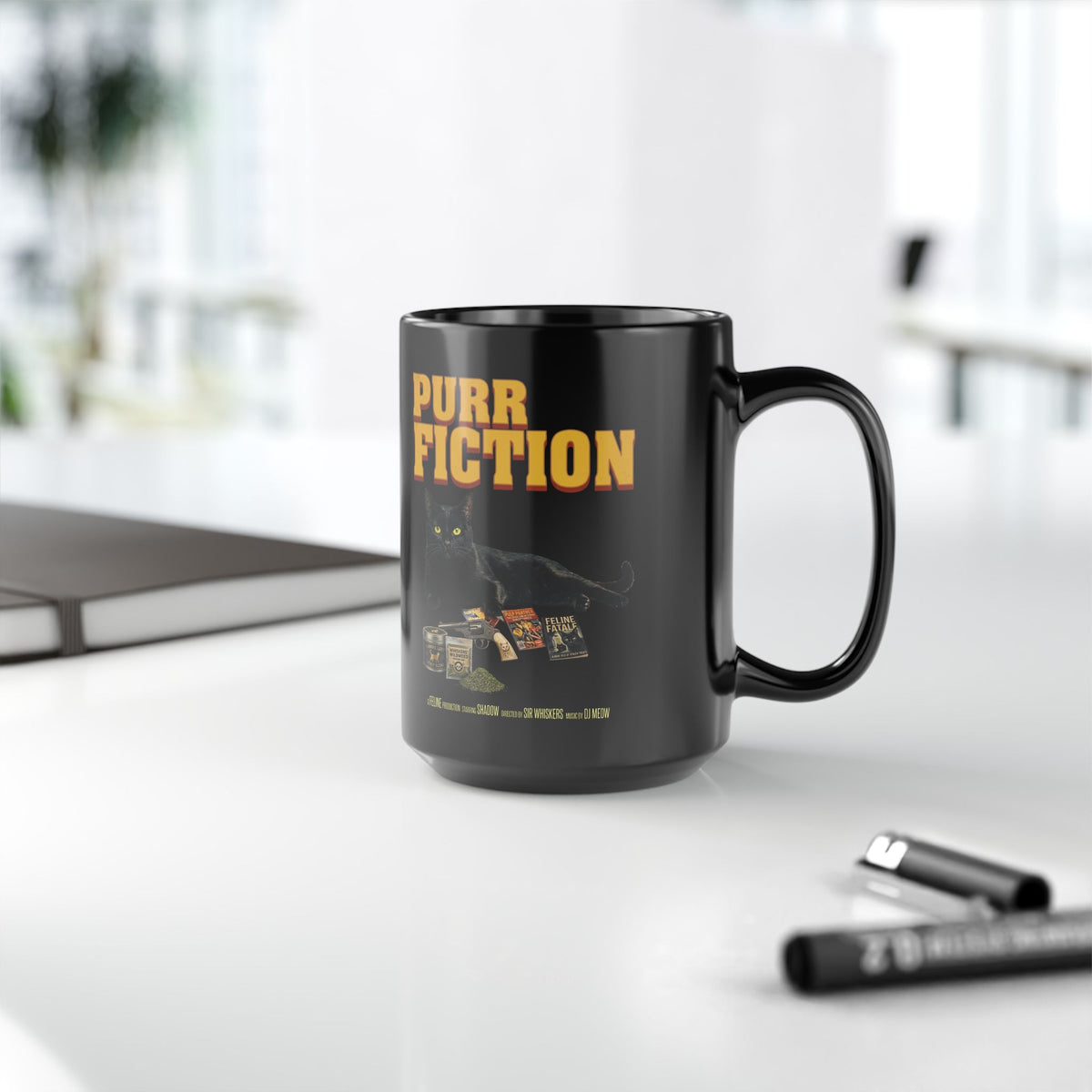 Purr Fiction Cat Parody Black Mug