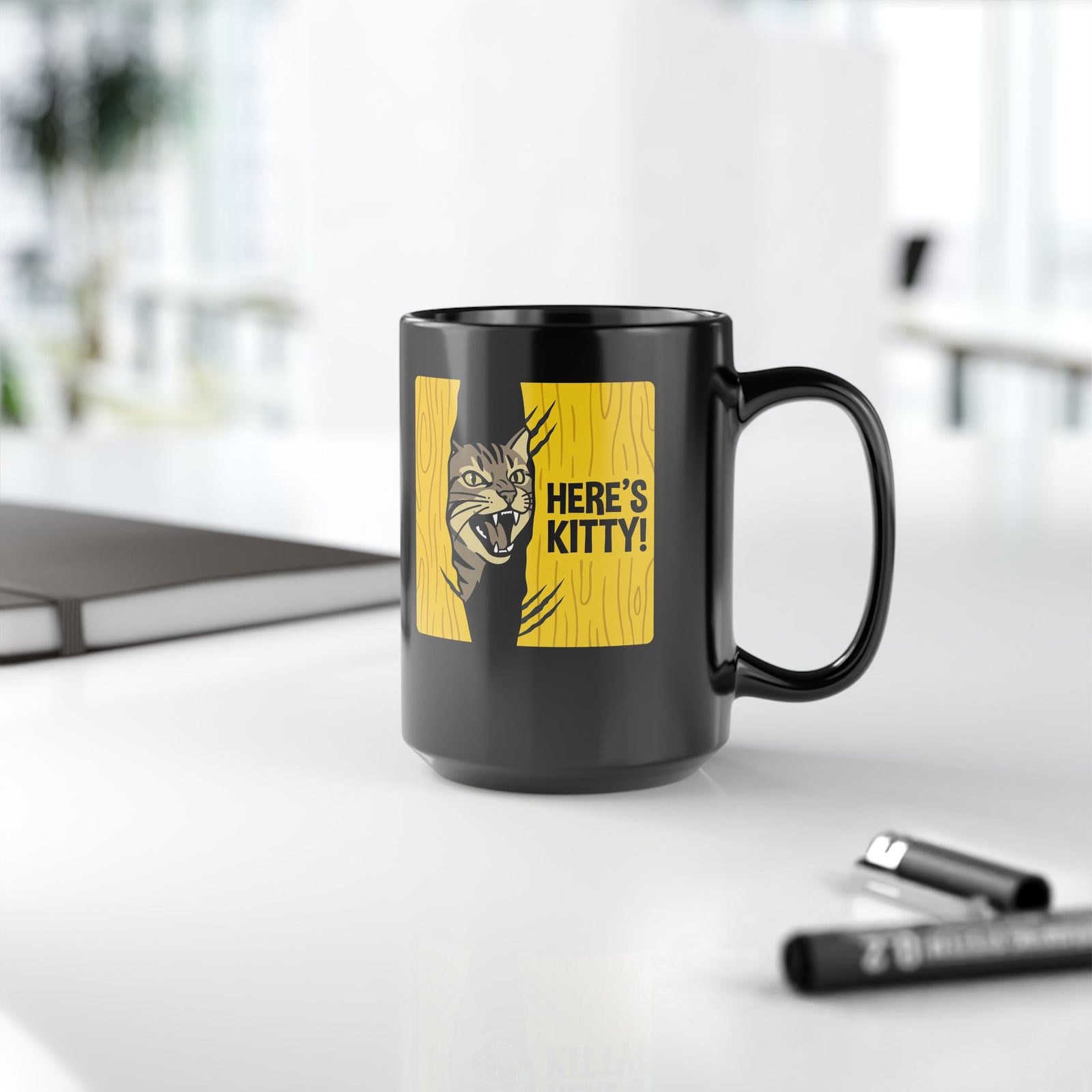 Funny Cat Parody Black Mug — "Here's Kitty" Graphic Mug