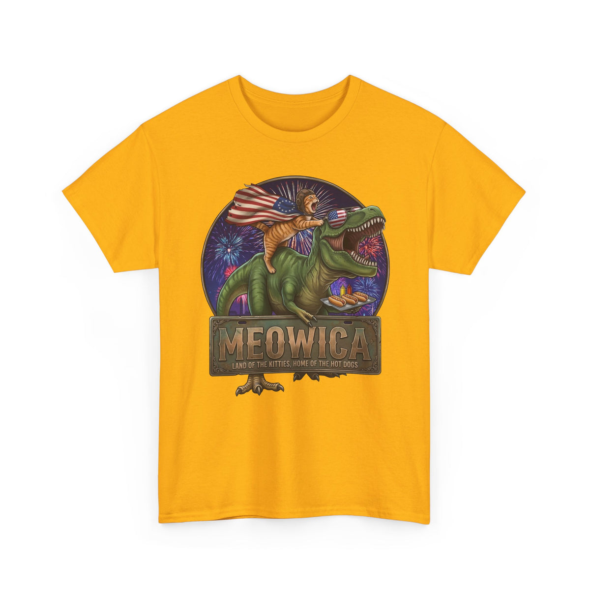 4th of July Cat Riding T‑Rex T‑Shirt "Meowica: Land of the Kitties" Patriotic Graphic
