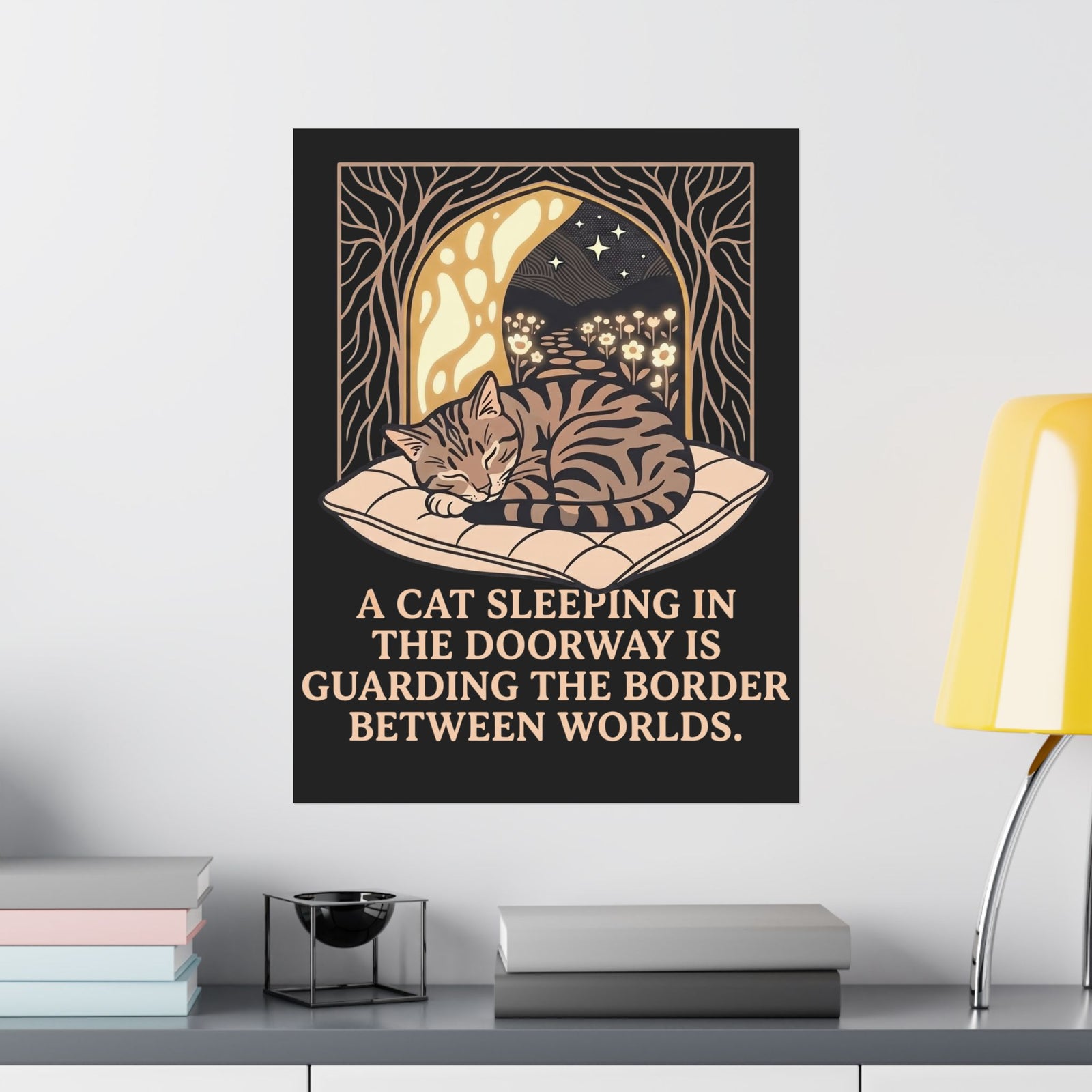 Mystical Cat Sleeping in the Doorway Poster — "Guarding the Border Between Worlds"