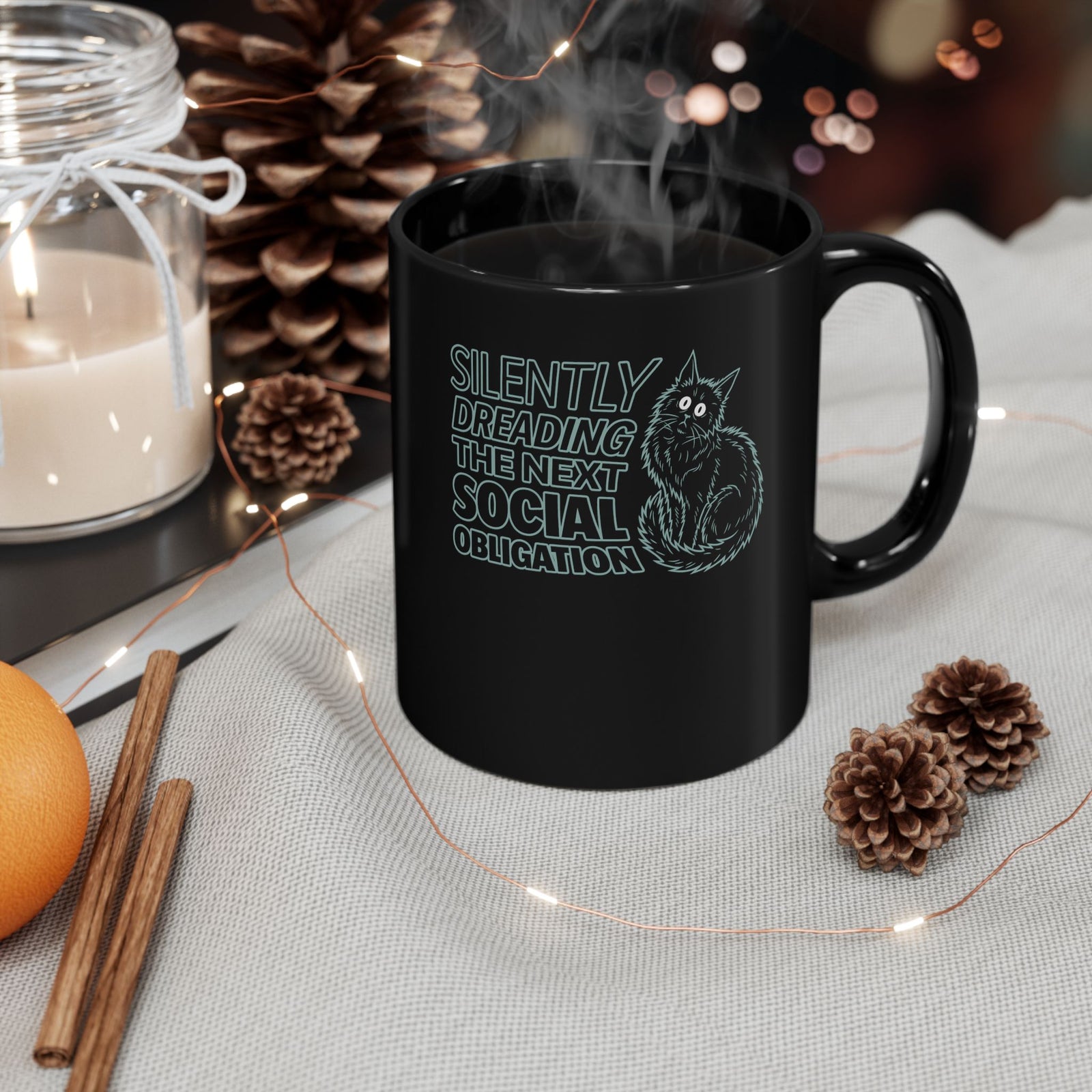 Introvert Cat Black Mug — "Silently Dreading the Next Social Obligation"