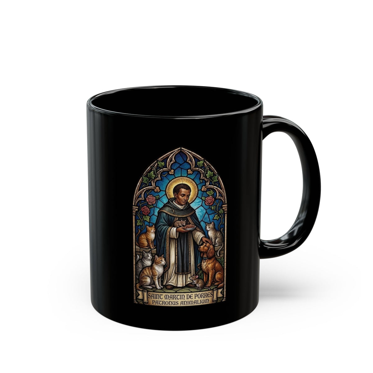 Saint Martin de Porres Cat Lovers Black Mug — Patron of Animals Mug