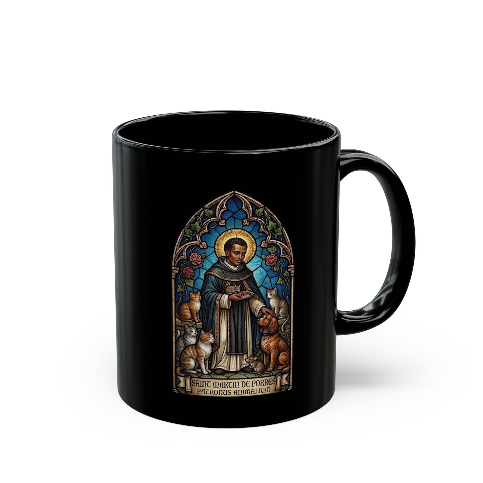 Saint Martin de Porres Cat Lovers Black Mug — Patron of Animals Mug