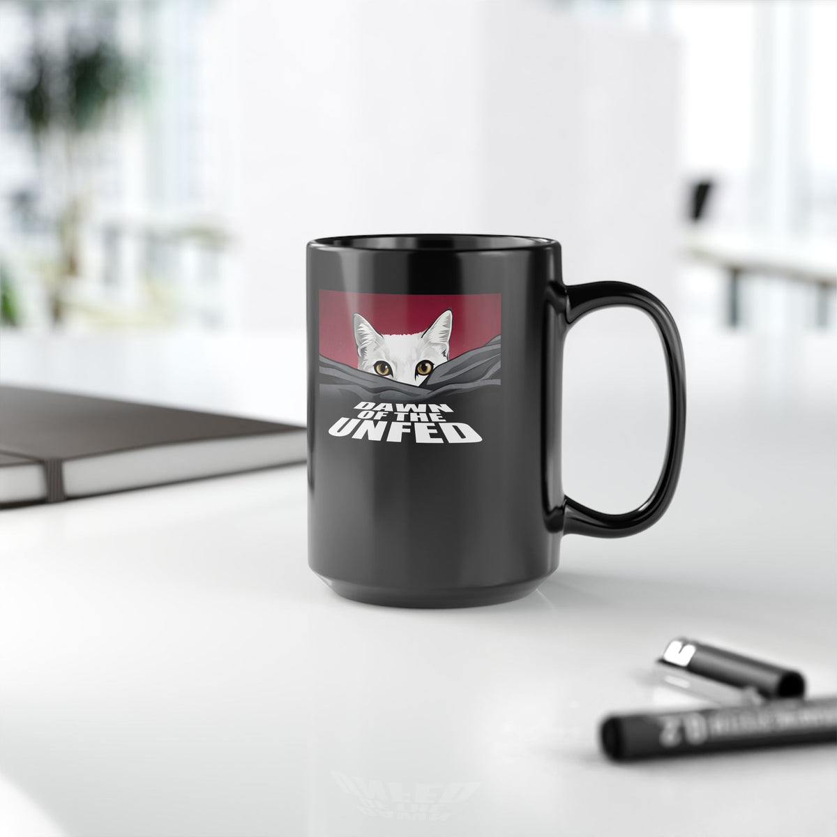 Dawn of the Unfed Black Mug — Funny White Cat Horror Movie Parody Mug