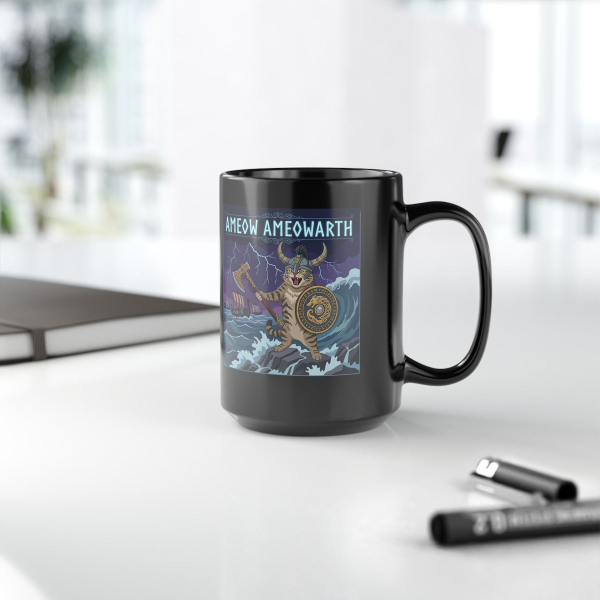 Ameow Ameowarth Cat Viking Black Mug — Funny Viking Cat Graphic Mug