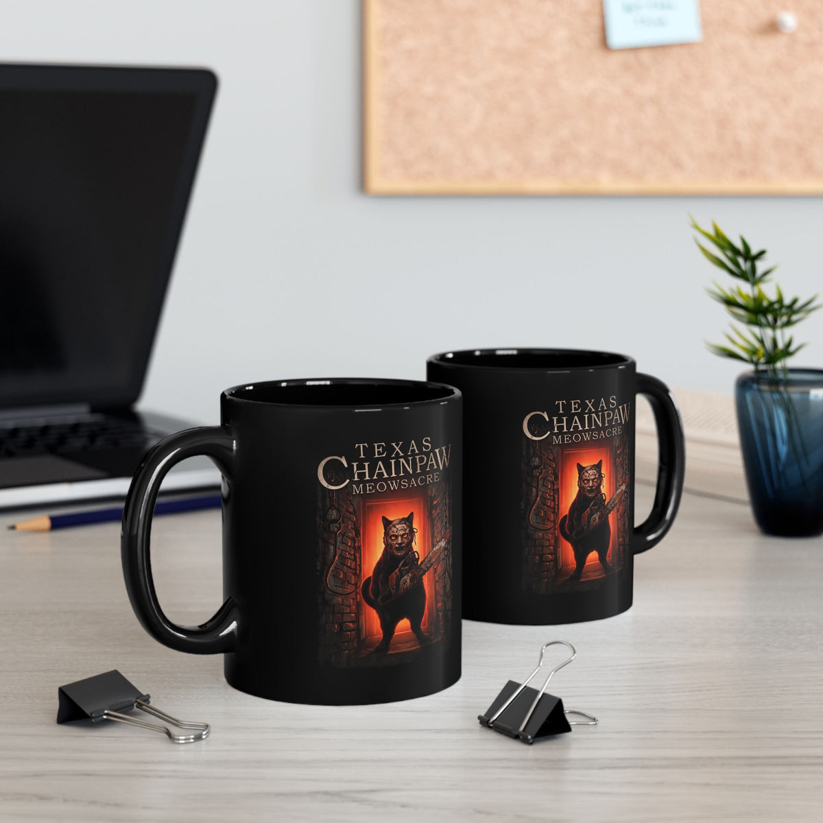 Texas Chainpaw Meowsacre Black Mug — Funny Horror Black Cat Parody Mug