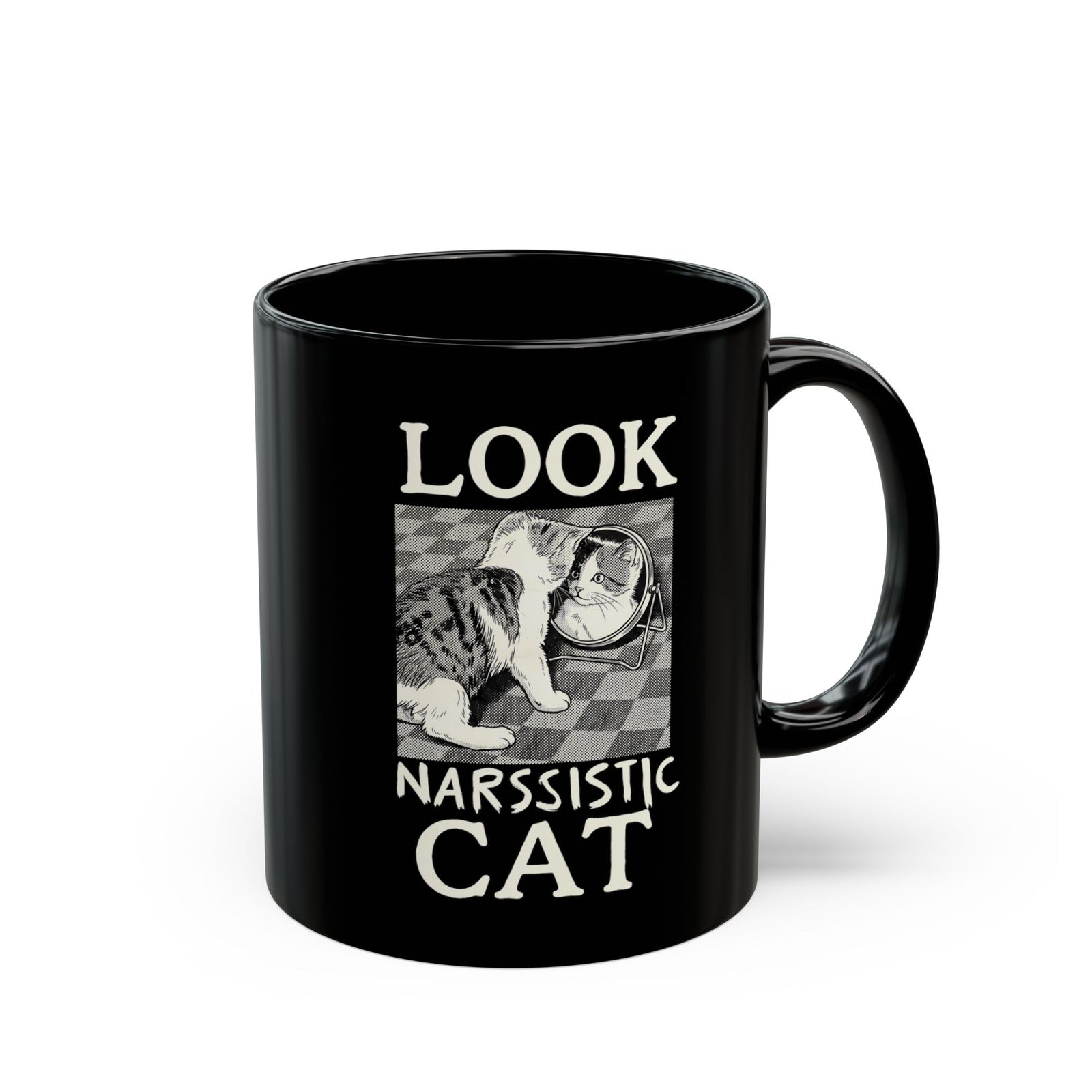 Look Narssistic Cat Black Mug — Funny Mirror Reflection Tabby Mug