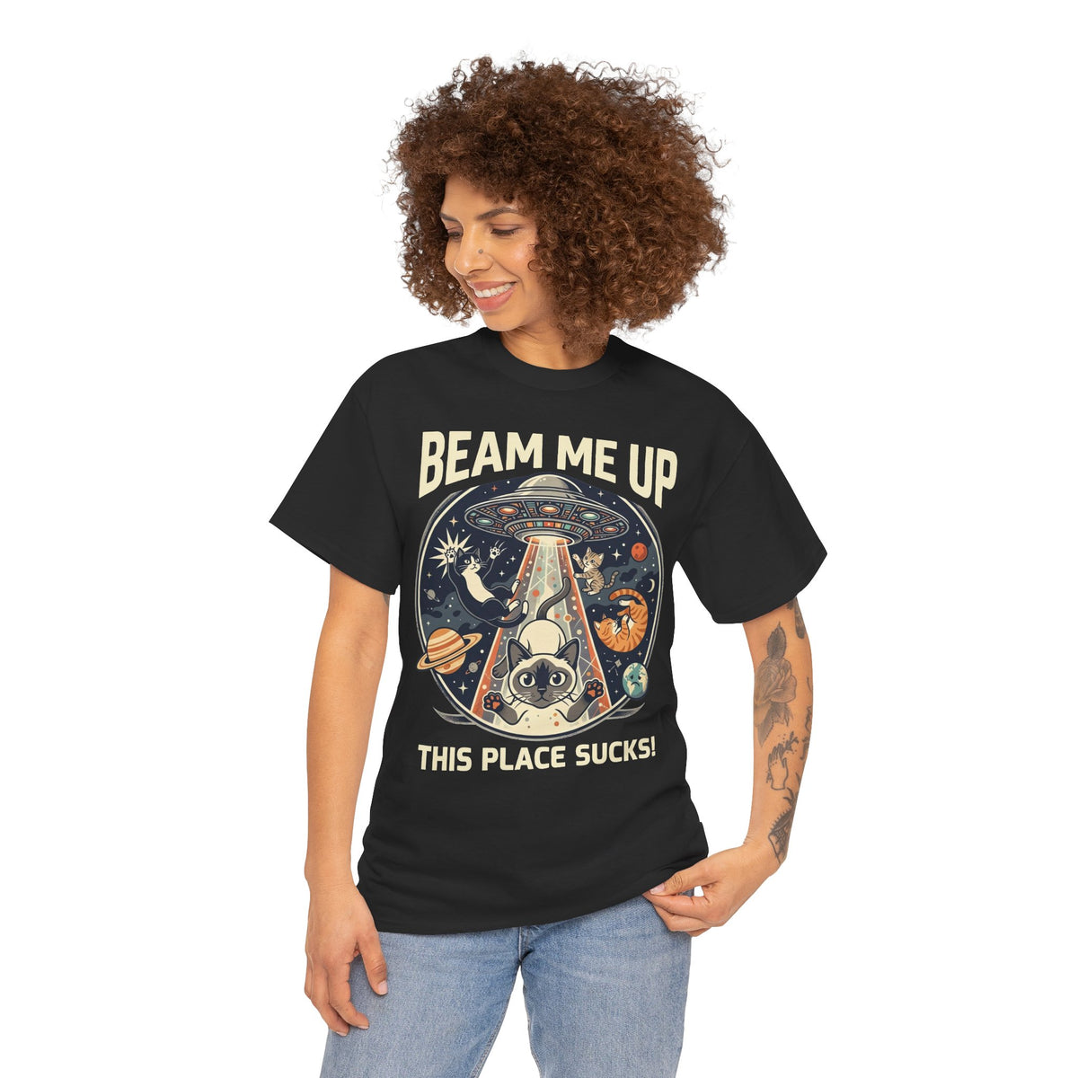 Cat UFO T-Shirt – "Beam Me Up, This Place Sucks" Retro Space Tee