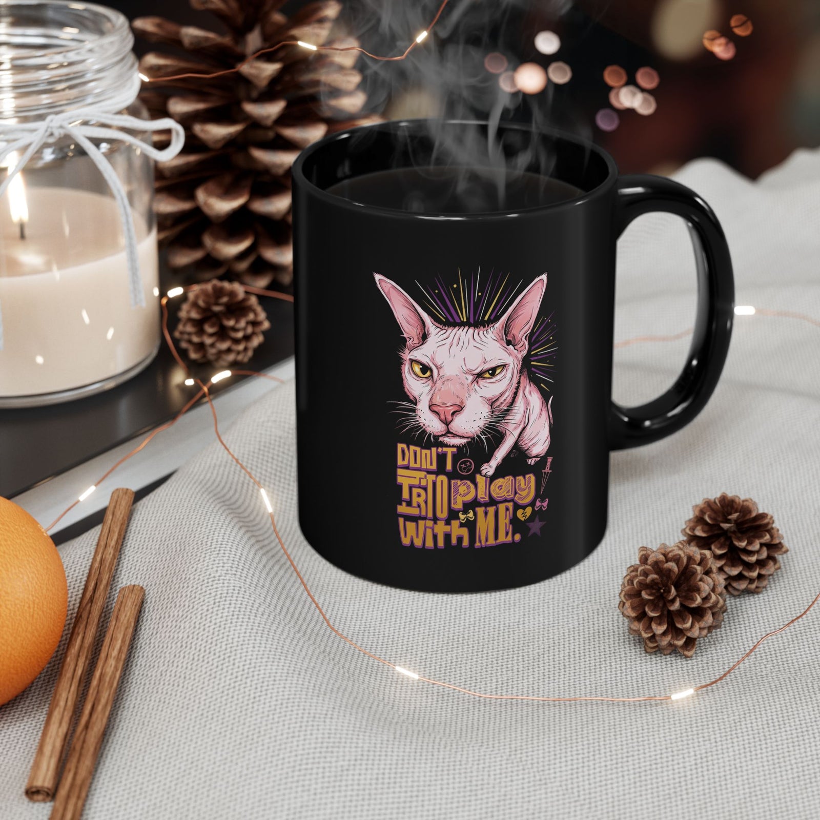 Don't Try To Play With Me Black Mug — Funny Angry Sphynx Cat Graphic Mug