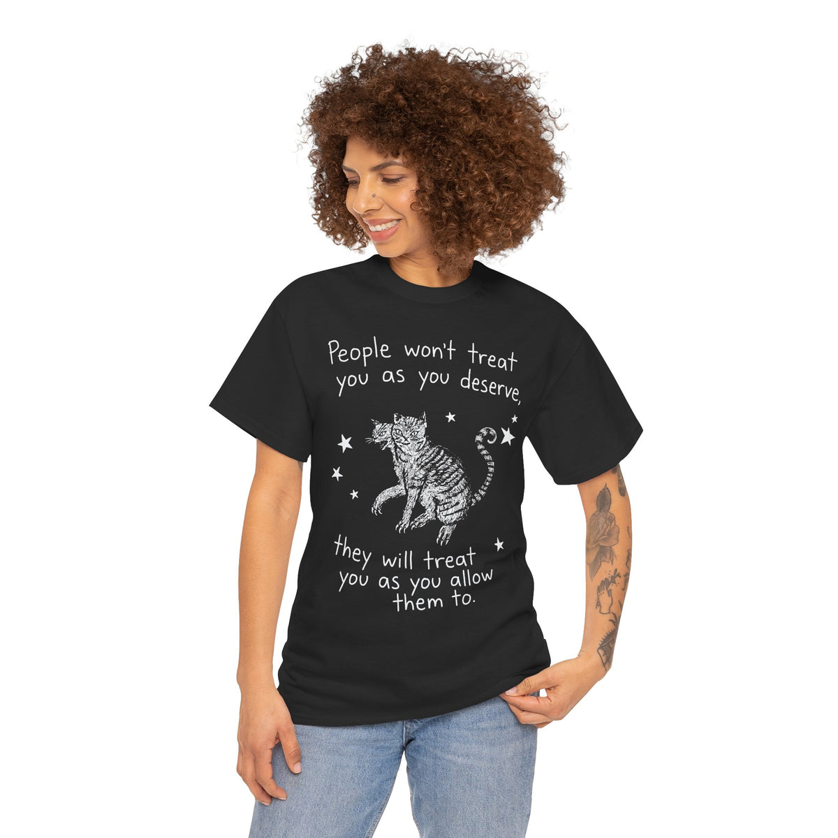 Two-Headed Tabby Cat T-Shirt — "People Won't Treat You As You Deserve" Gothic Woodcut Tee