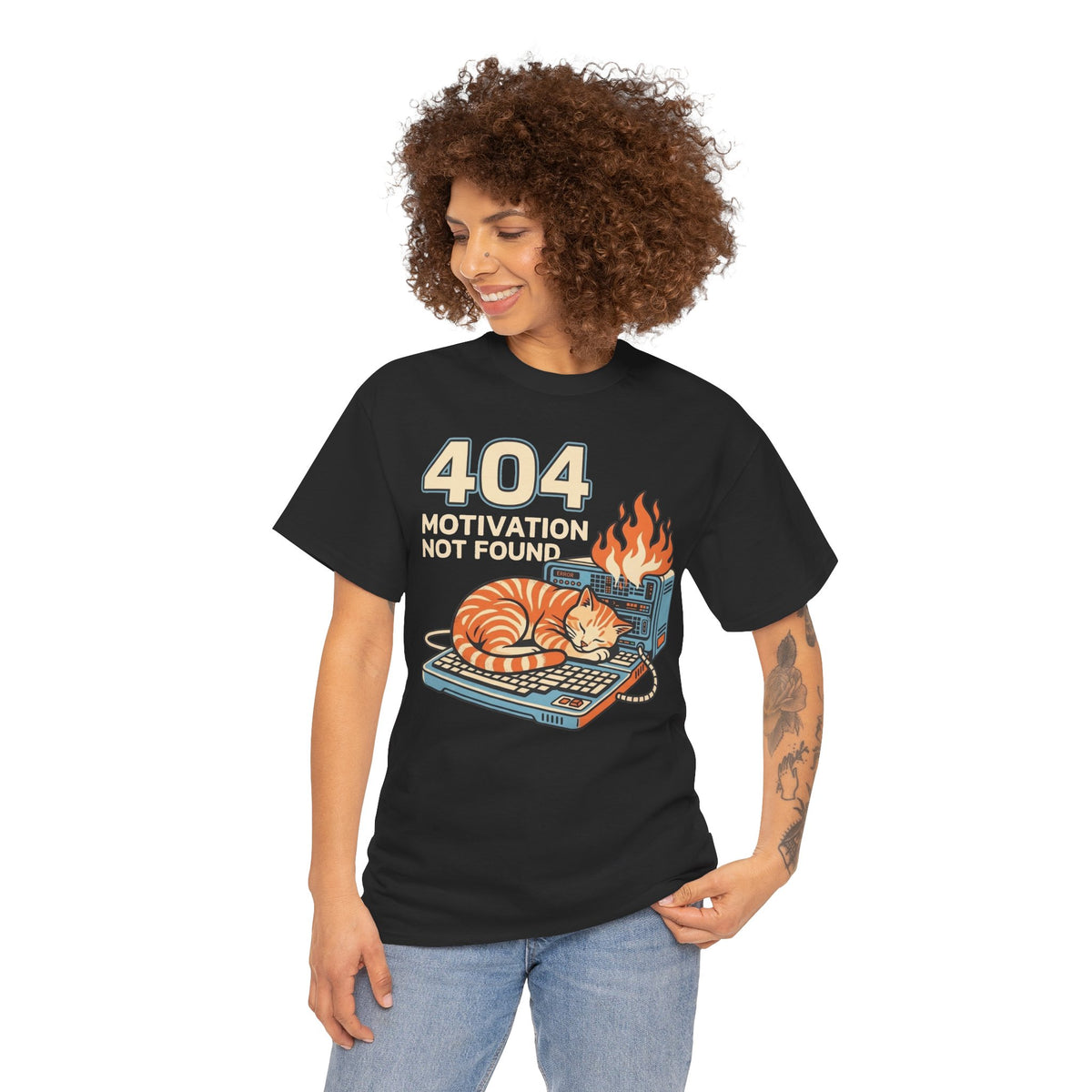 404 Motivation Not Found T-Shirt — Funny Cat Sleeping on Flaming Computer Tee