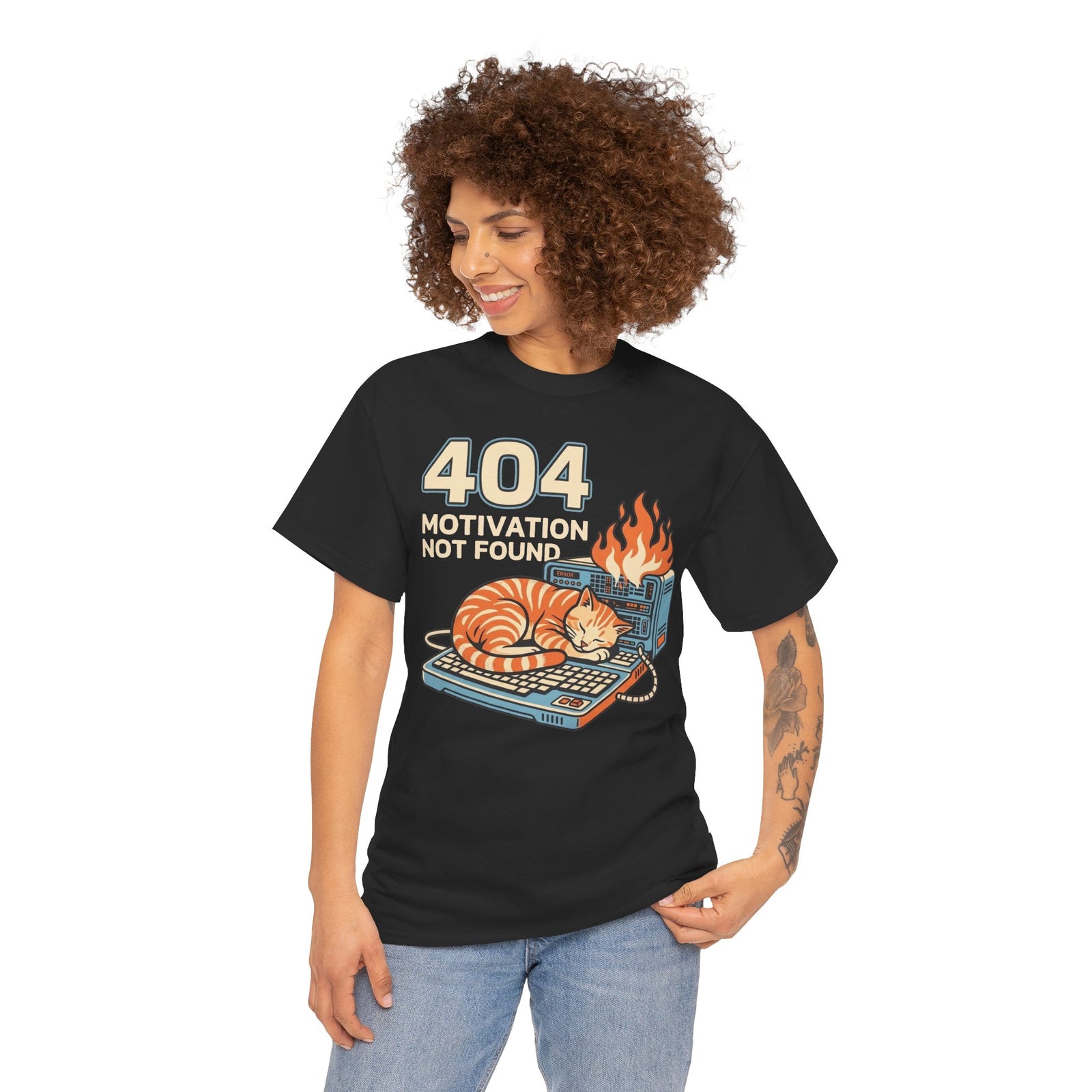 404 Motivation Not Found T-Shirt — Funny Cat Sleeping on Flaming Computer Tee