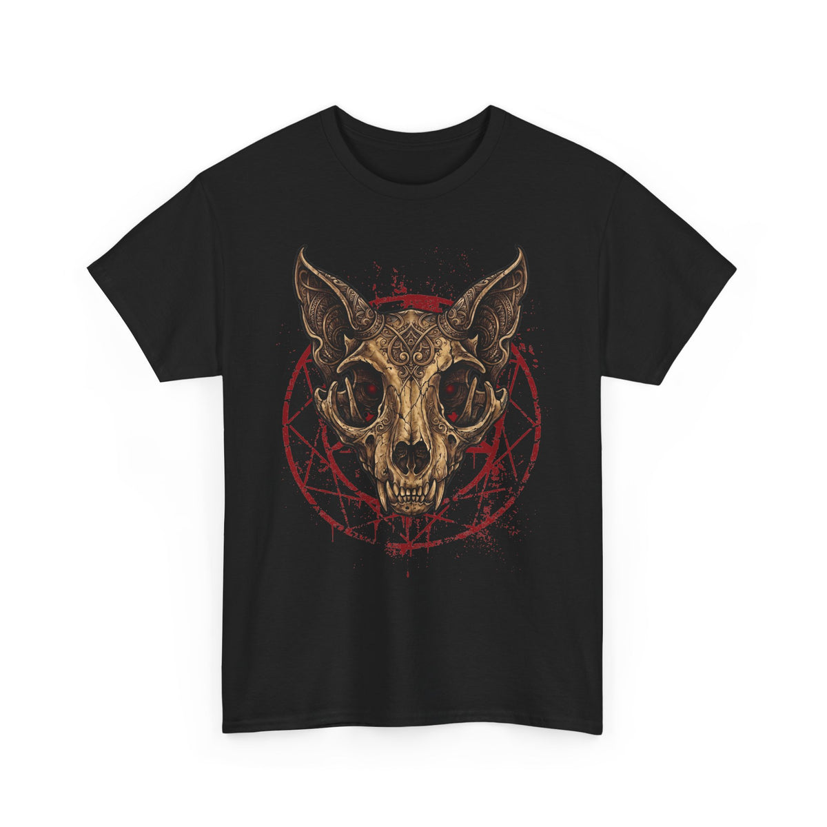 Gothic Ornate Cat Skull Red Pentagram Shirt — Dark Occult Feline T-Shirt