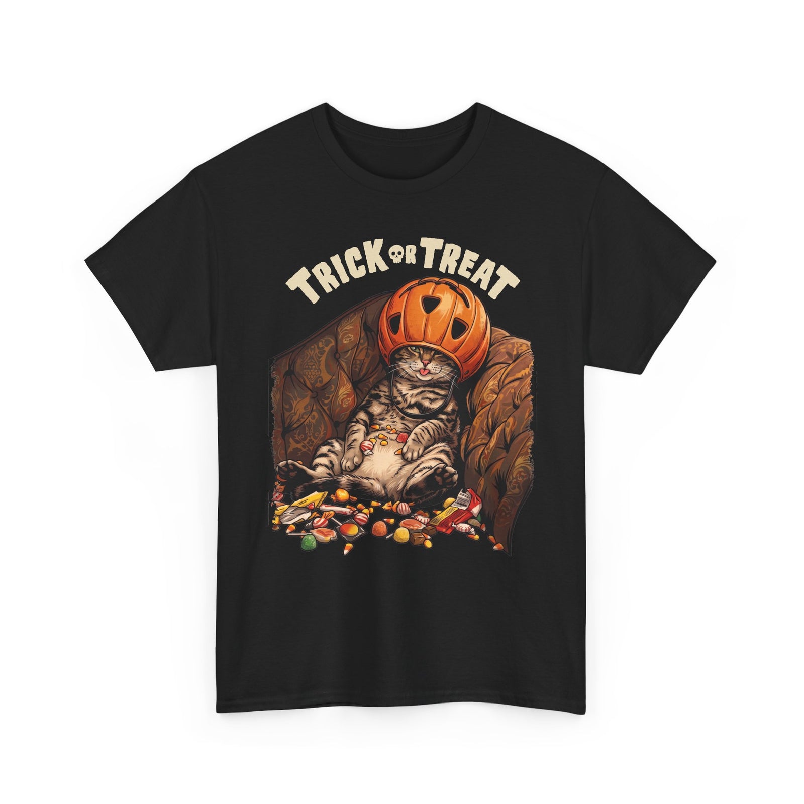 Trick Or Treat Pumpkin Helmet Cat T-Shirt — Funny Halloween Candy Coma Tee