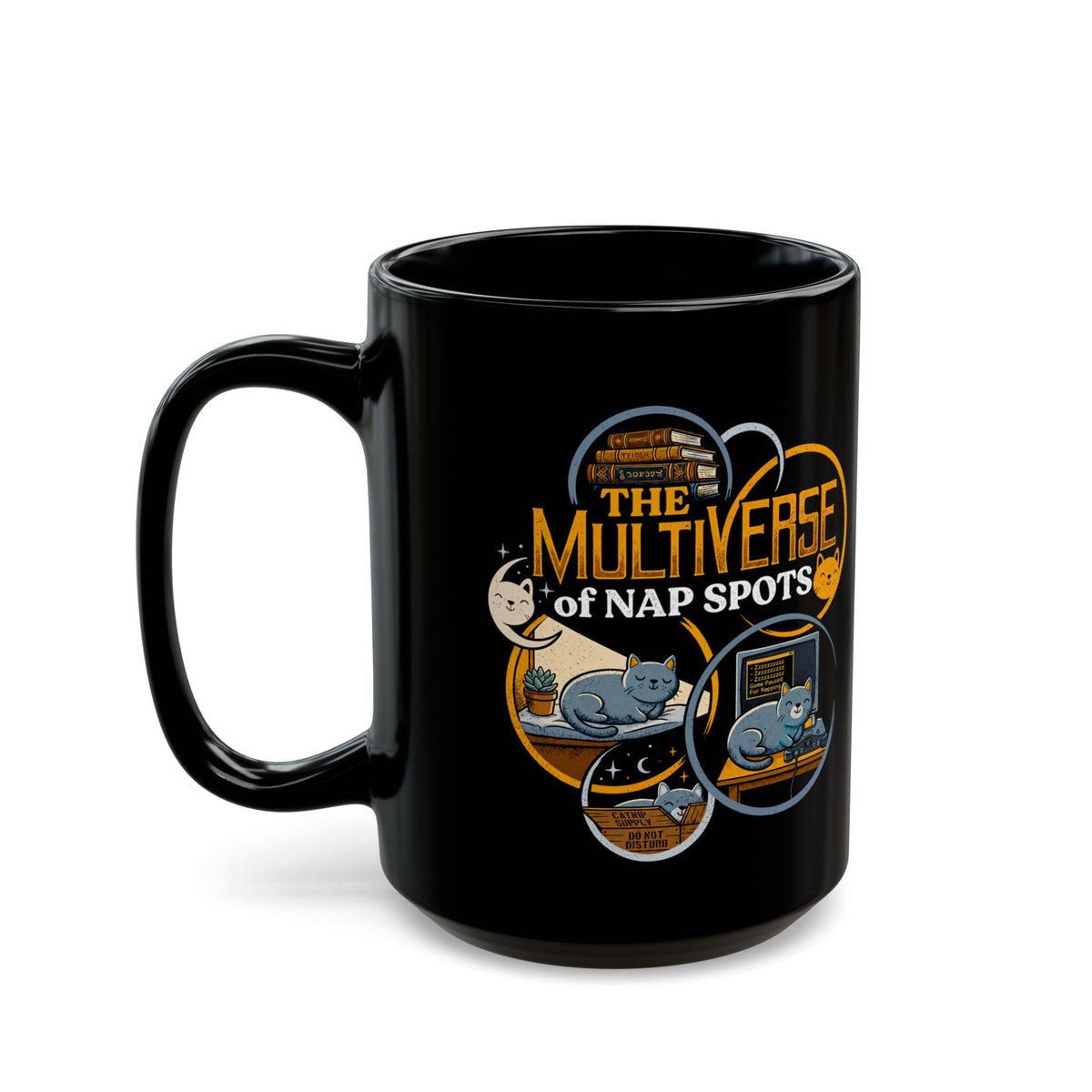 Multiverse Nap Spots Cute Cat Black Mug — Cute Cat Nap Graphic Mug