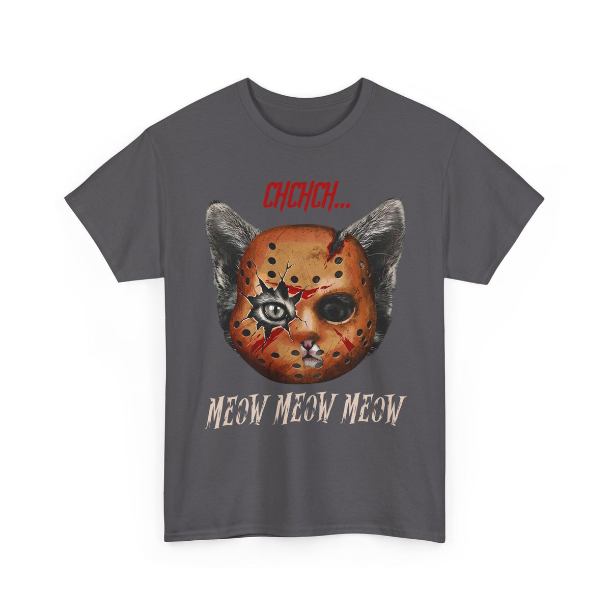 Horror Cat Tee  “Meow Meow Meow” Jason Mask Kitty Graphic T-Shirt