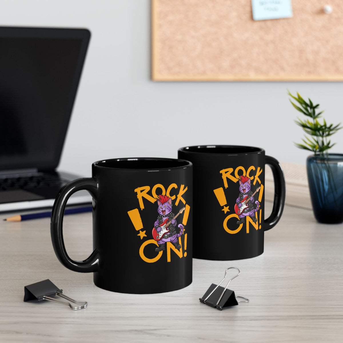 Rock On Punk Rock Cat Black Mug — Purple Feline Mohawk Electric Guitar Mug