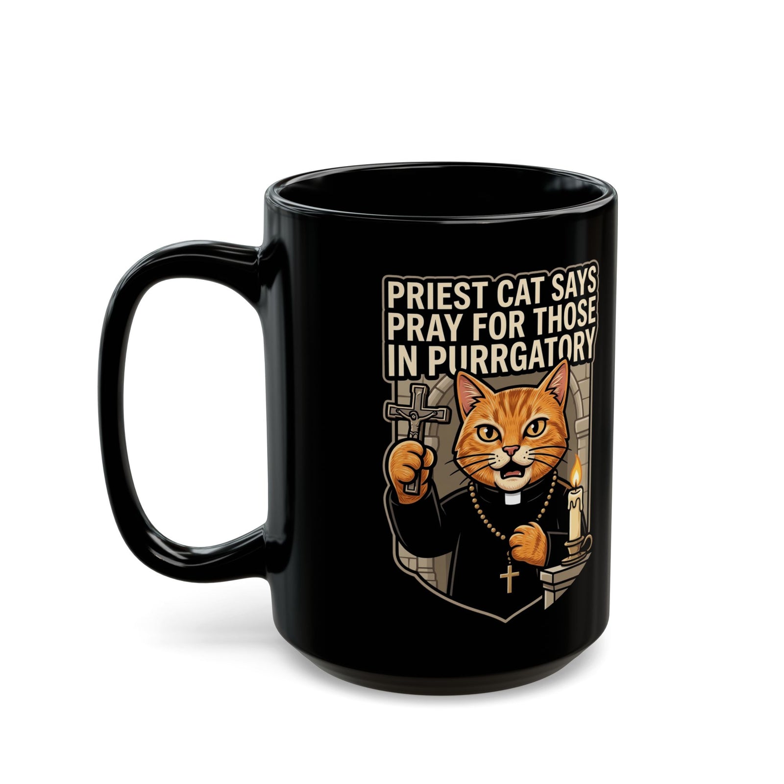 Priest Cat 'Pray For Those In Purratory' Black Mug