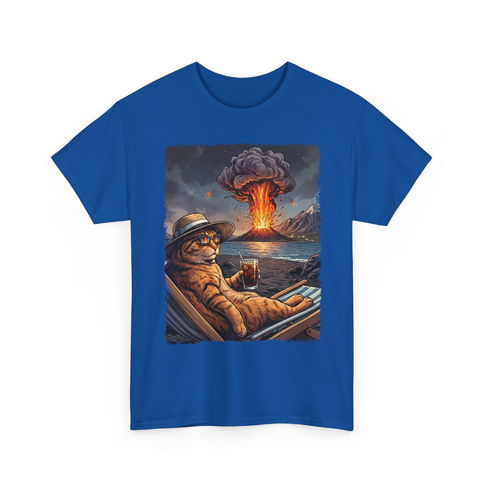 Unbothered Orange Cat Volcano T-Shirt — Funny Chaos Beach Lounging Tee