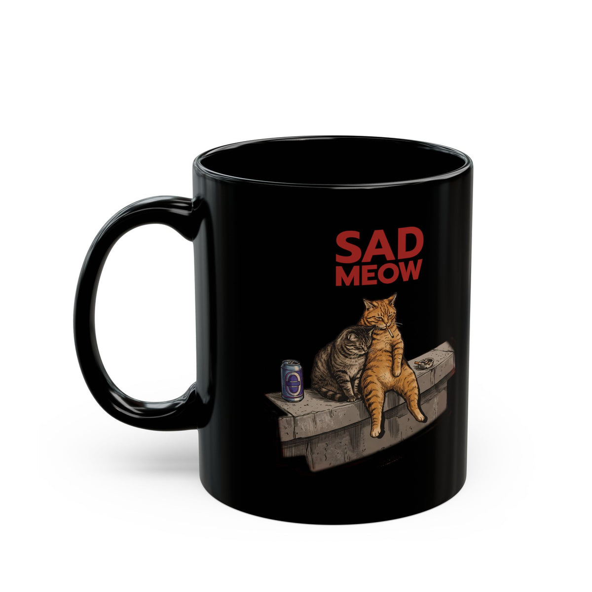 Sad Meow Black Mug — Funny Depressed Smoking Cats Graphic Mug