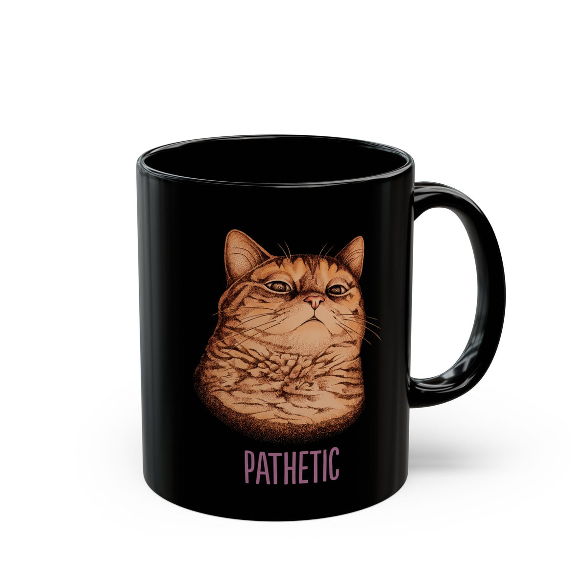 Pathetic Judgmental Cat Black Mug — Funny Orange Tabby Meme Graphic Mug