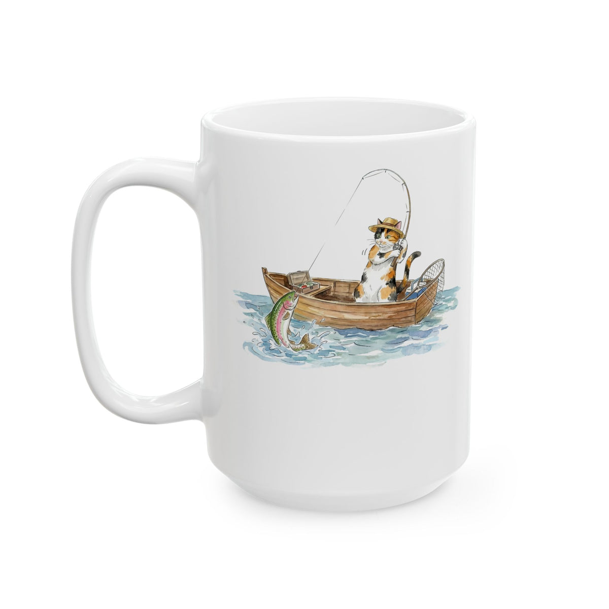 Cat Fishing Ceramic Mug — Funny Fishing Cat Graphic Mug