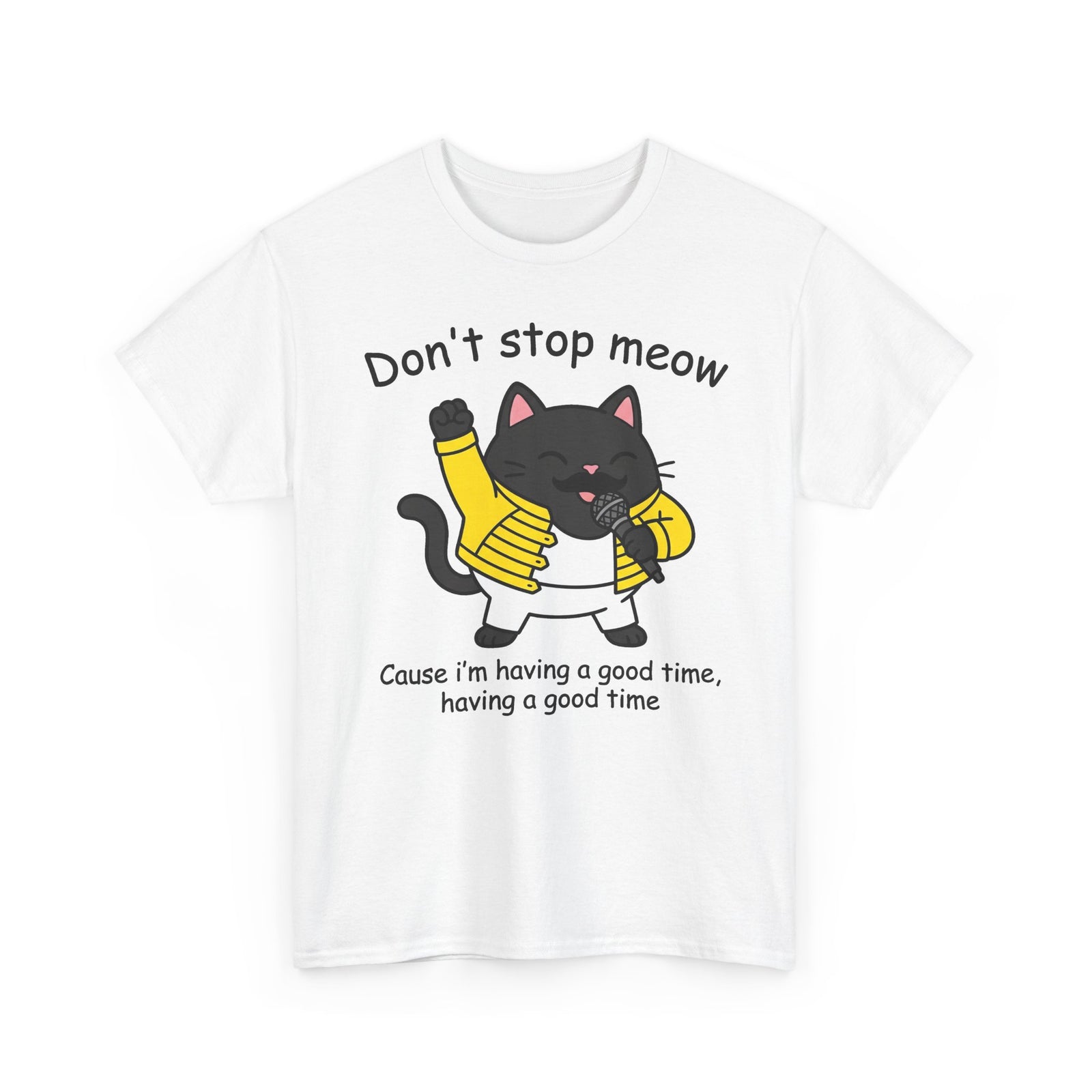 Cat T‑Shirt — "Don't Stop Meow" Cute Black Cat Singing Graphic Tee