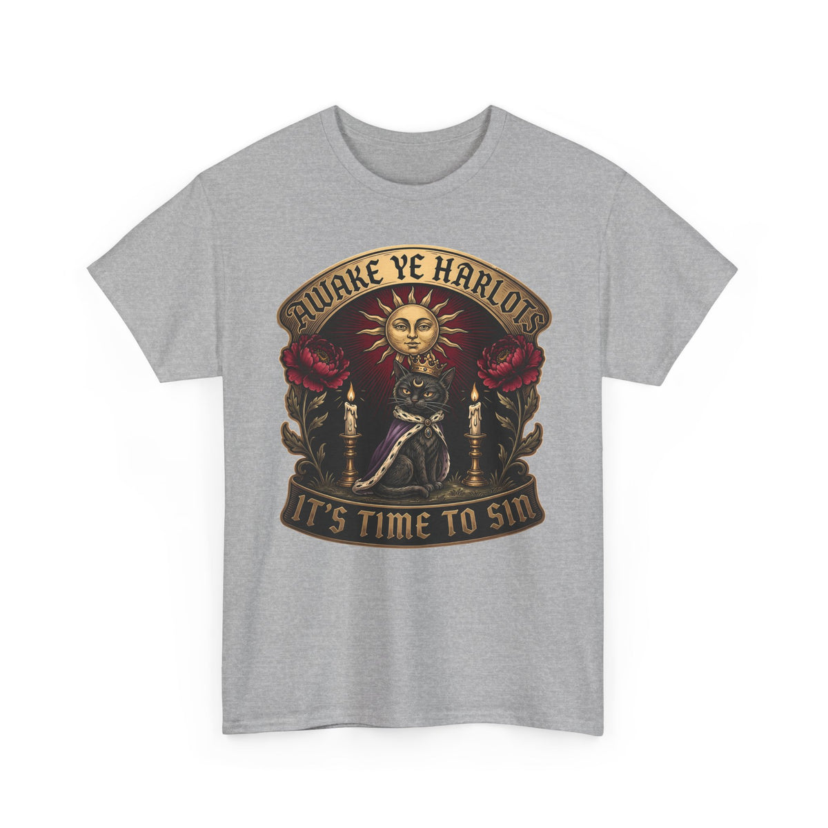 Awake Ye Harlots It's Time To Sin T-Shirt — Mystical Crowned Black Cat Tee
