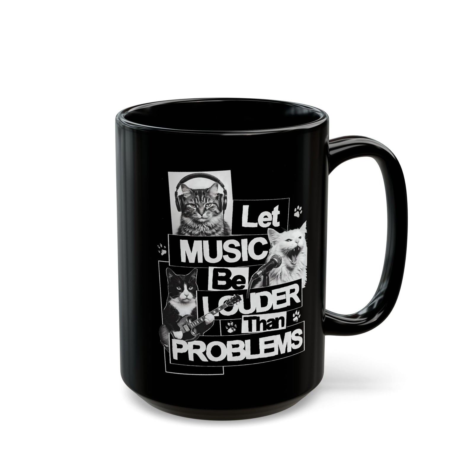 Let Music Be Louder Than Problems Black Mug — Funny Grunge Rock Cat Band Mug