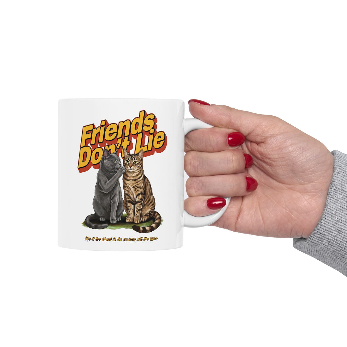 Friends Don't Lie Cat Ceramic Mug — Funny Cat Gossip Drinkware
