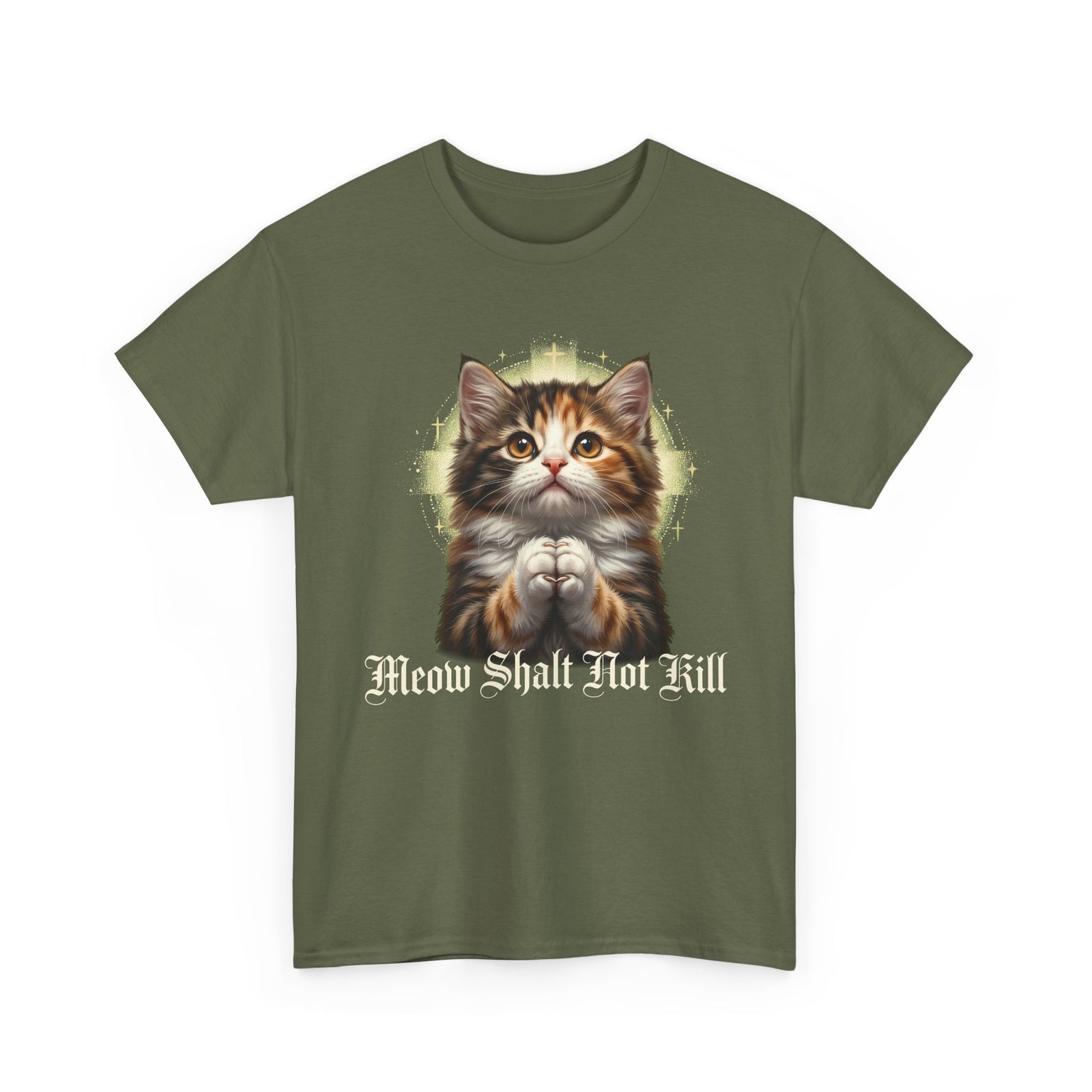 Praying Kitten T‑Shirt — "Meow Shalt Not Kill" Cute Vintage Cat Tee