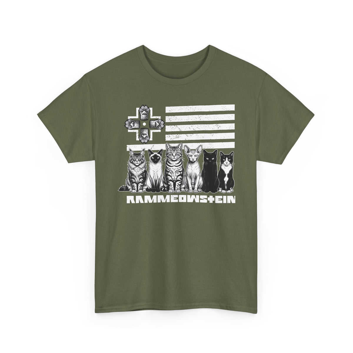 Rammowsteen Cats T-Shirt – Vintage Flag & Five Cats Graphic Tee