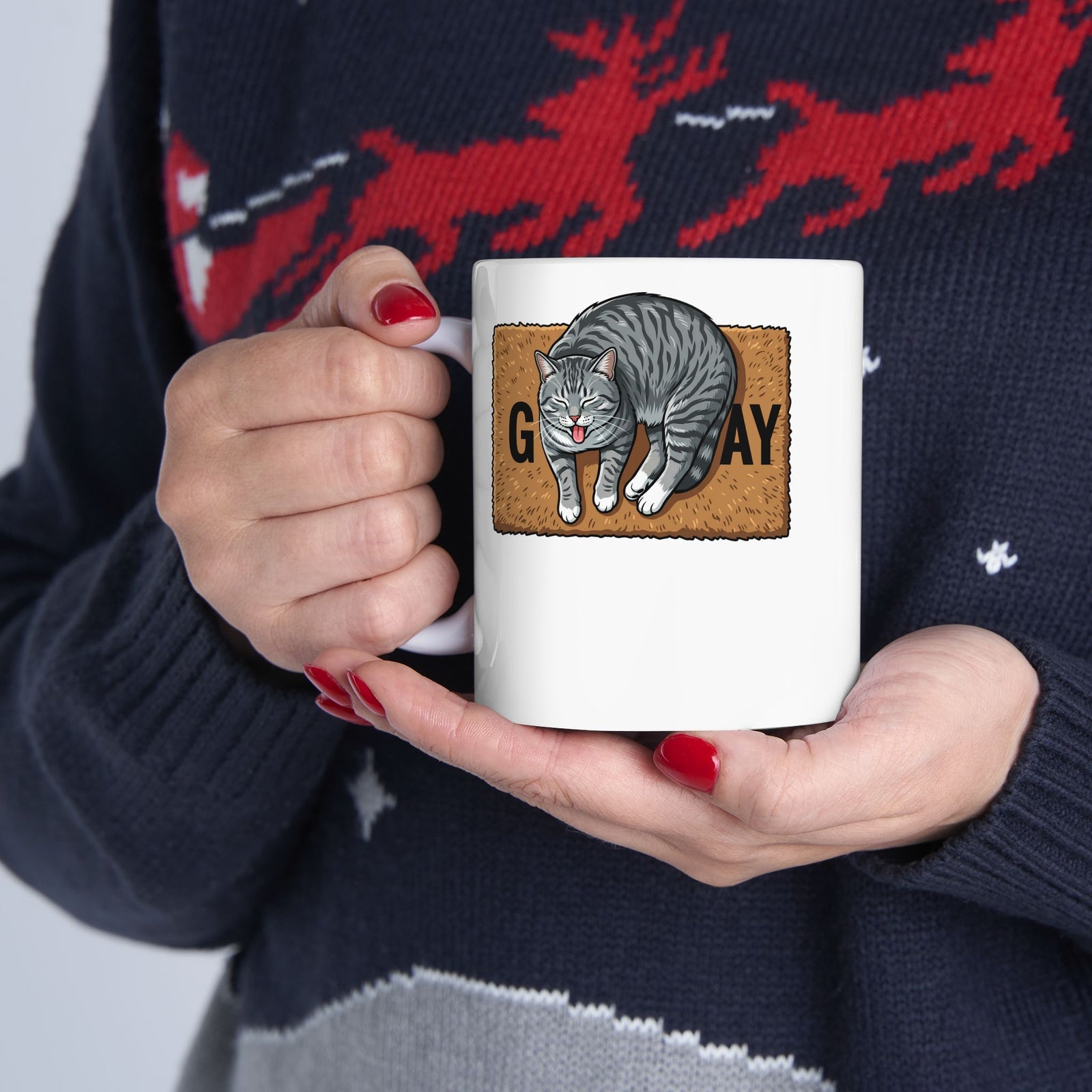 Funny Gay Cat Ceramic Mug — Cute Grey Tabby LGBTQ Pride Mug