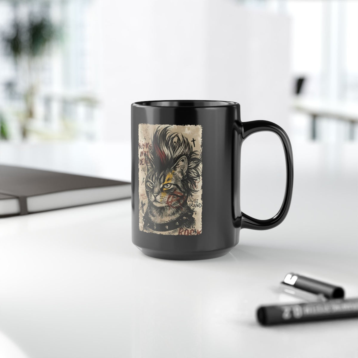 Punks Not Dead Cat Black Mug — Edgy Mohawk Anarchy Feline Graphic