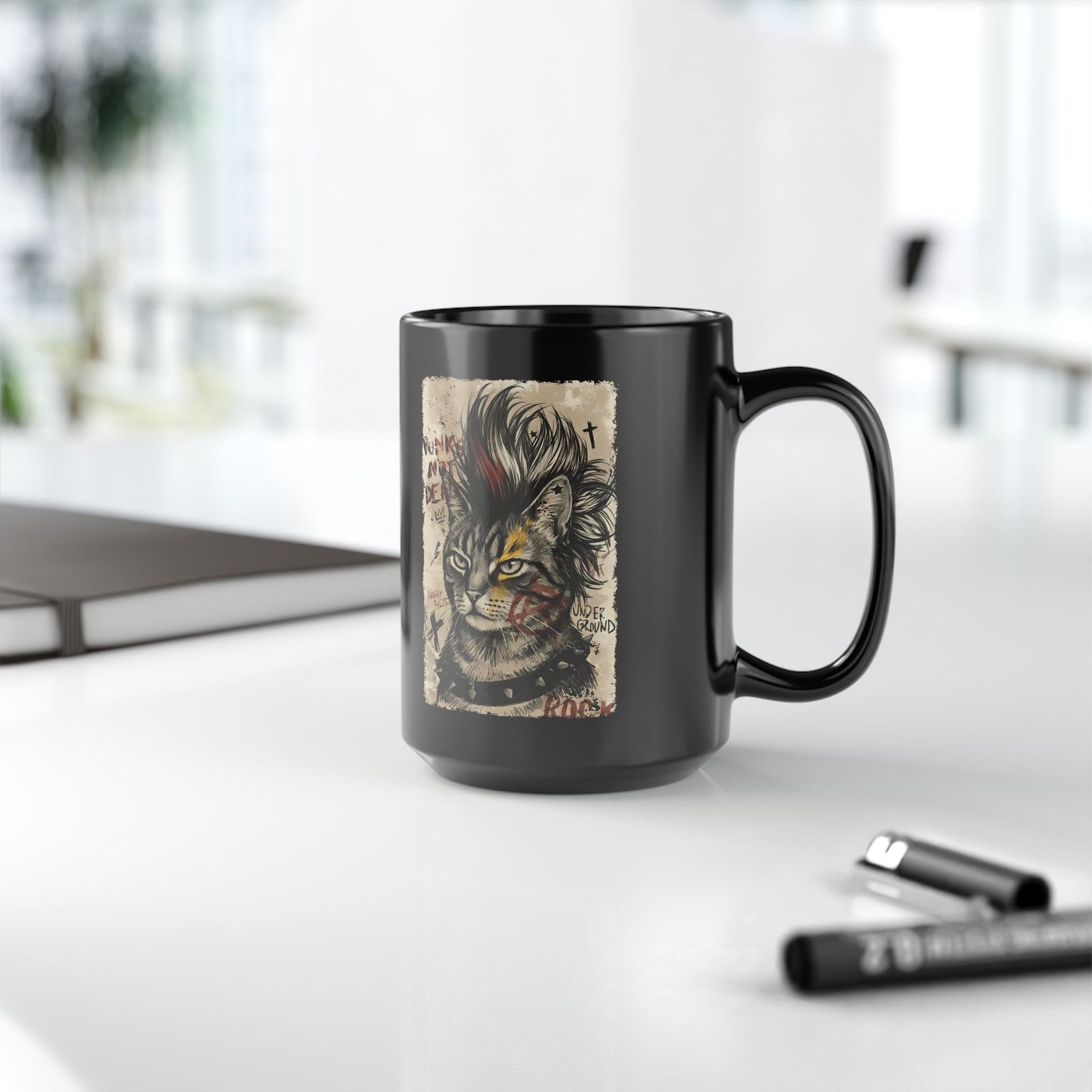 Punks Not Dead Cat Black Mug — Edgy Mohawk Anarchy Feline Graphic