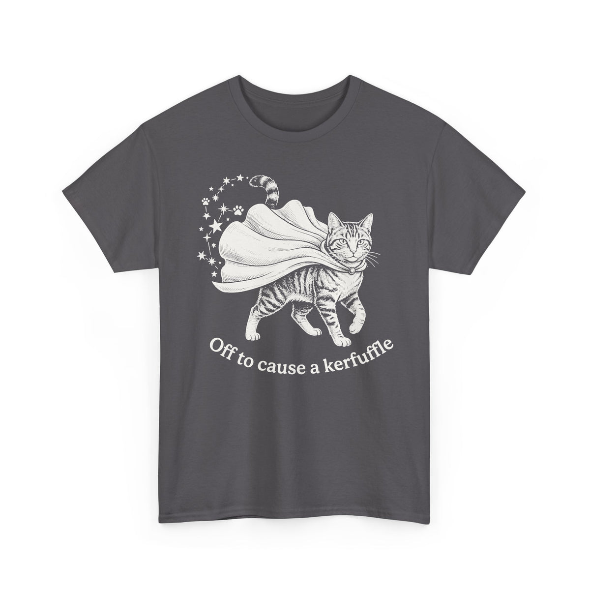 Cat Cape T-Shirt — "Off to cause a kerfuffle" Cute Mischief Cat Tee
