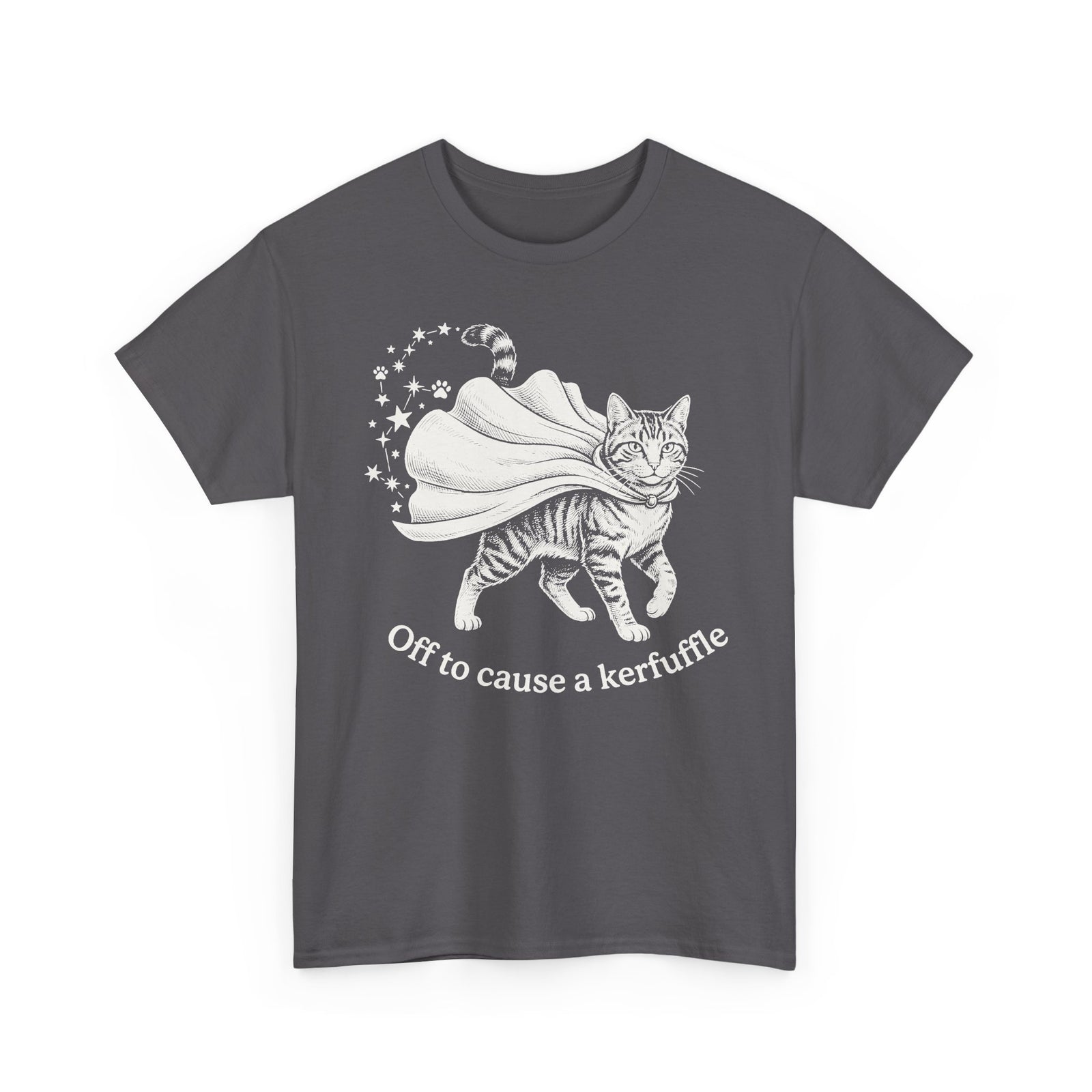 Cat Cape T-Shirt — "Off to cause a kerfuffle" Cute Mischief Cat Tee