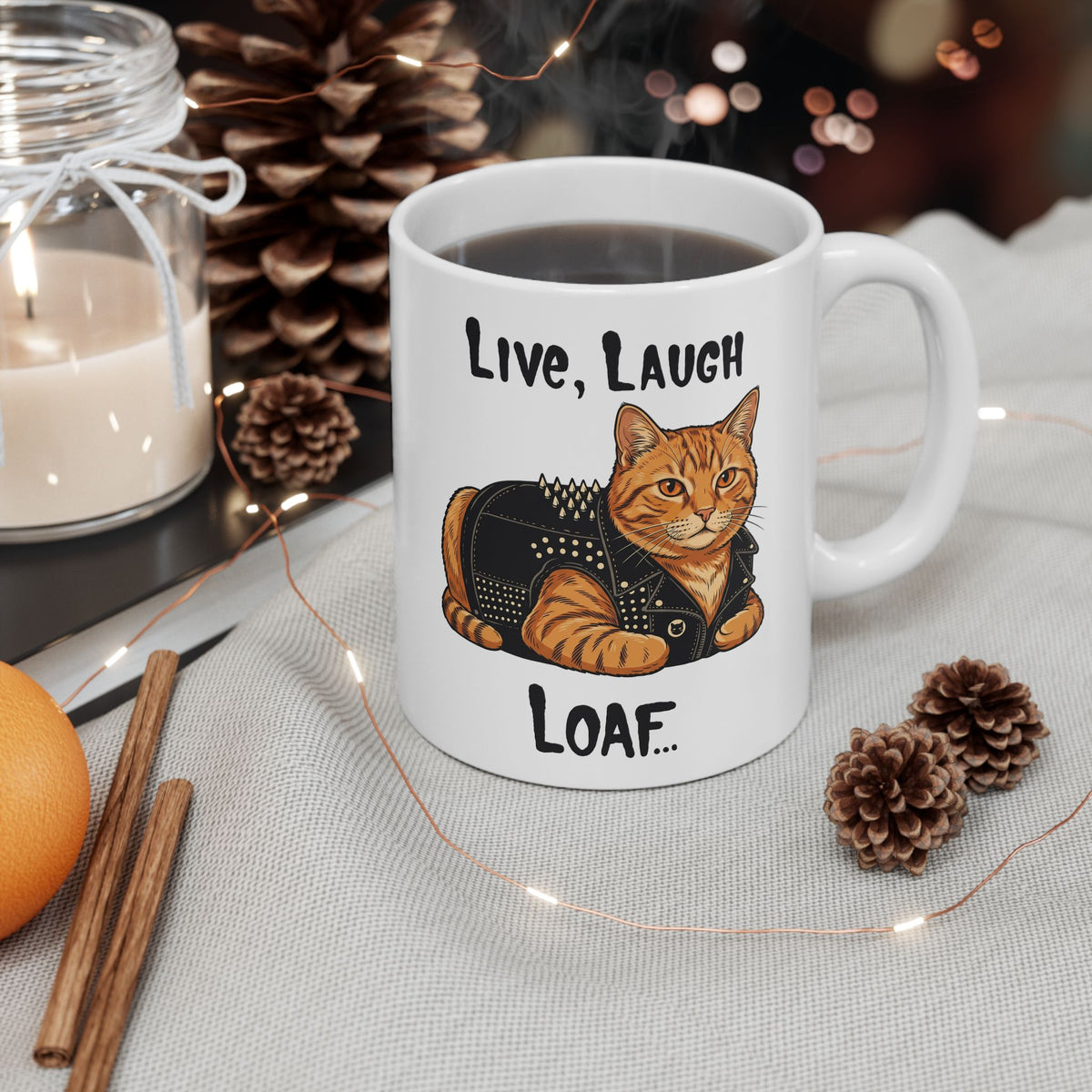 "Live, Laugh, Loaf" Punk Rock Orange Cat Ceramic Mug