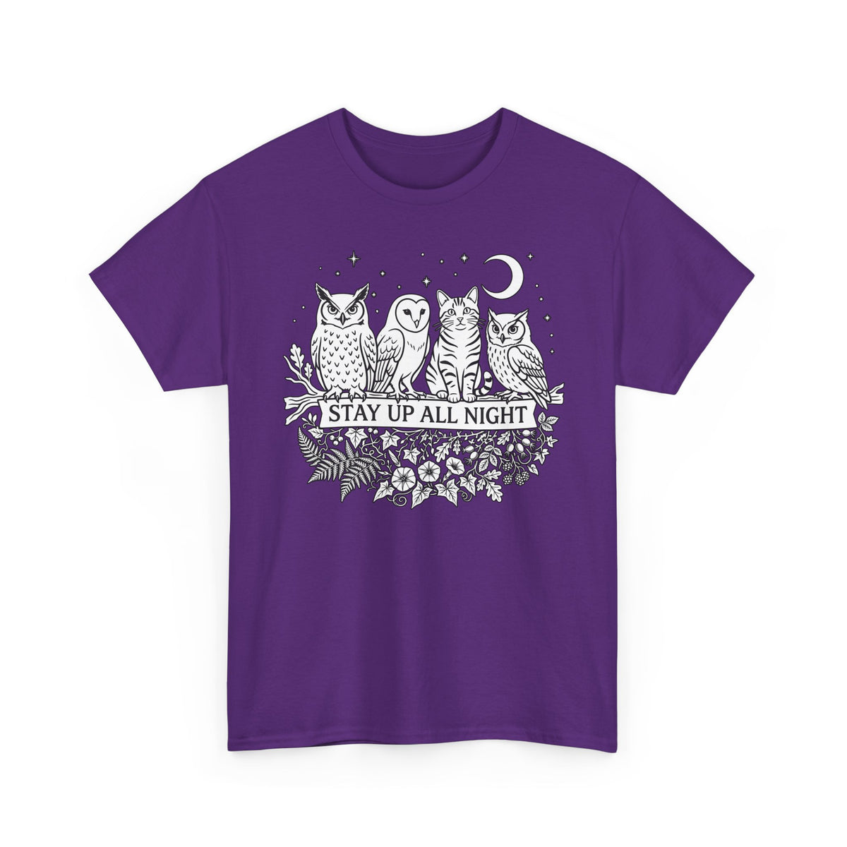 Cat Stays Up All Night T-Shirt — Cute Night Owl Cat Tee