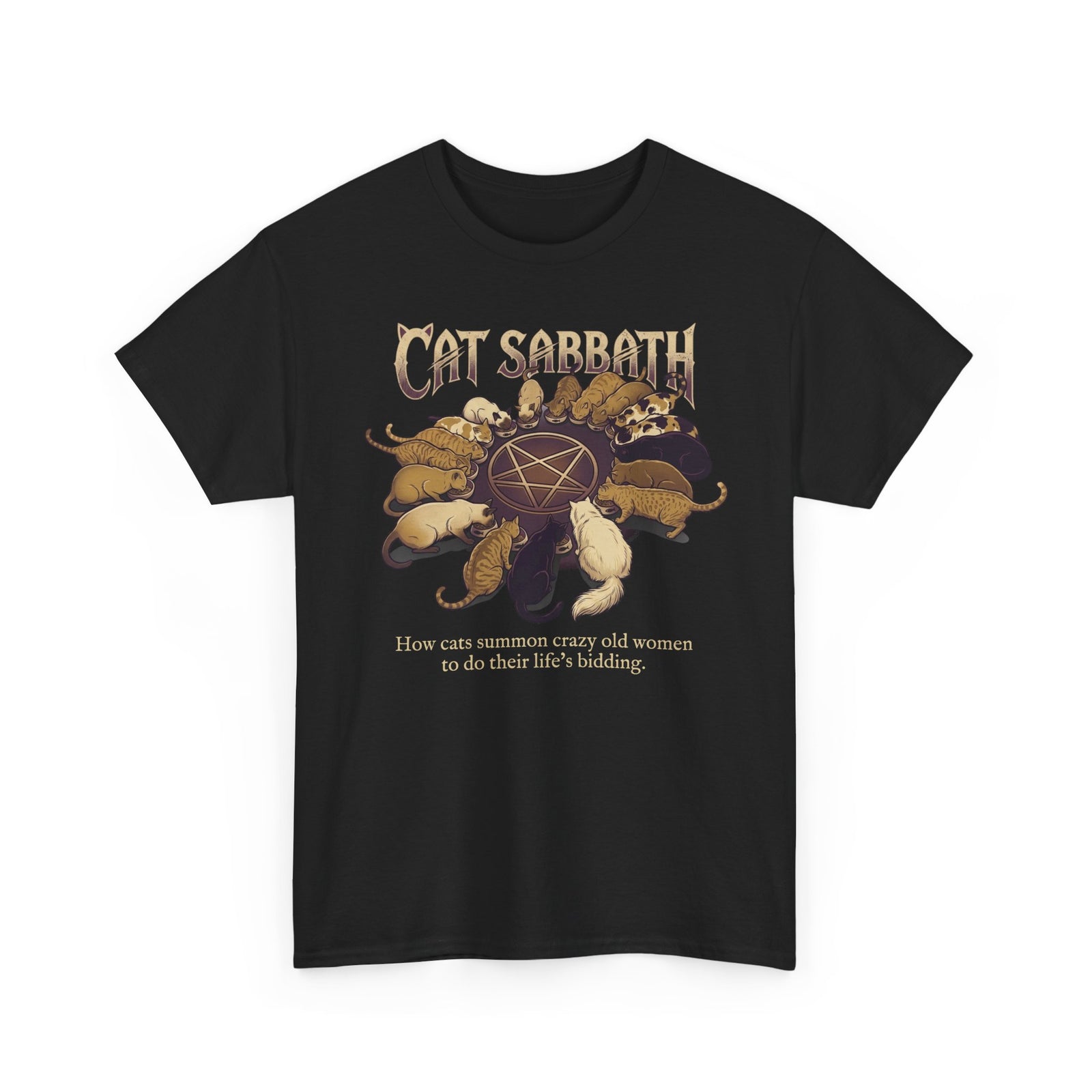 Cat Sabbath Tee — Vintage Occult Cat Shirt with How Cats Summon Crazy Old Women…