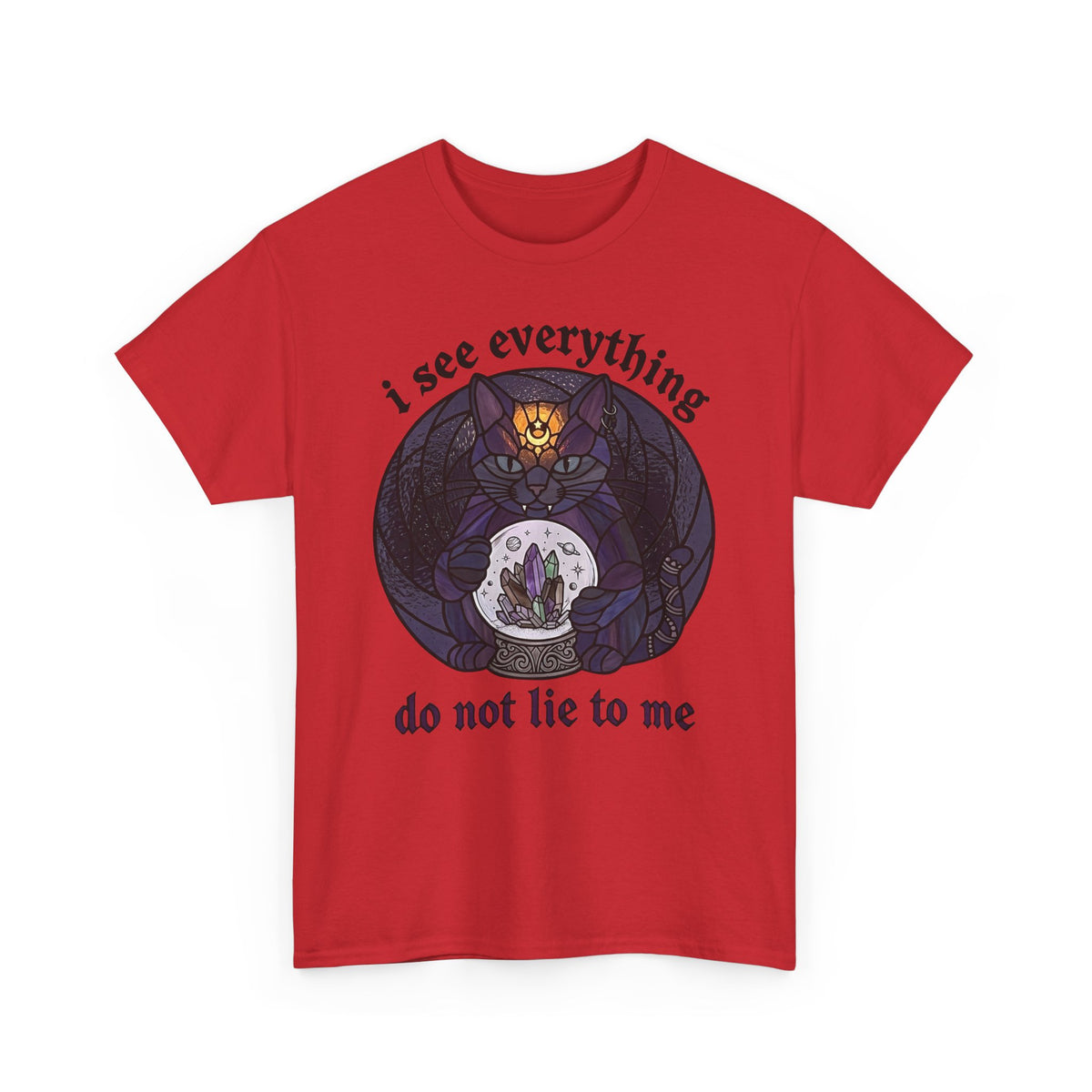 Mystic Fortune Teller Cat T-Shirt "I See Everything" Stained Glass Spiritual Kitten