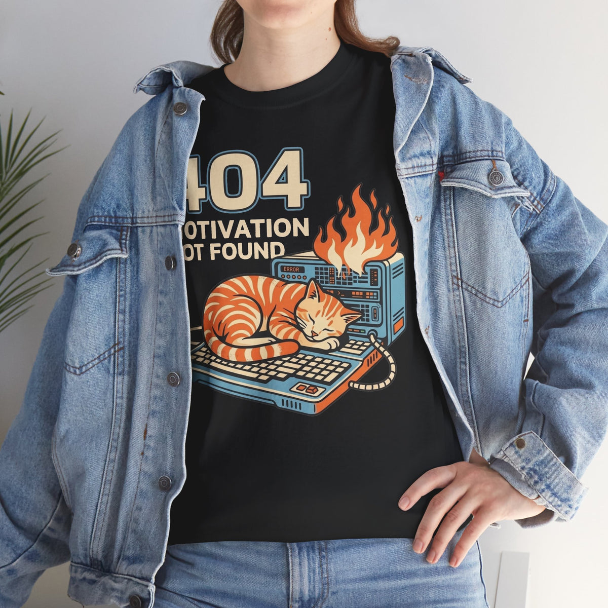 404 Motivation Not Found T-Shirt — Funny Cat Sleeping on Flaming Computer Tee