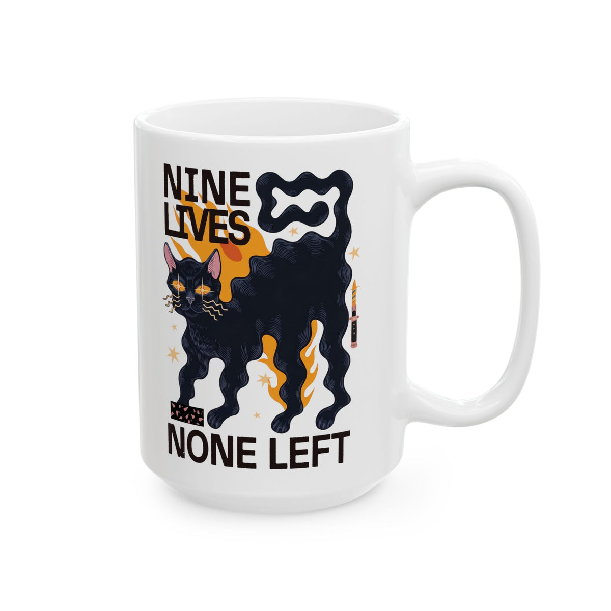 Nine Lives None Left Ceramic Mug — Edgy Spooky Black Cat Graphic Mug