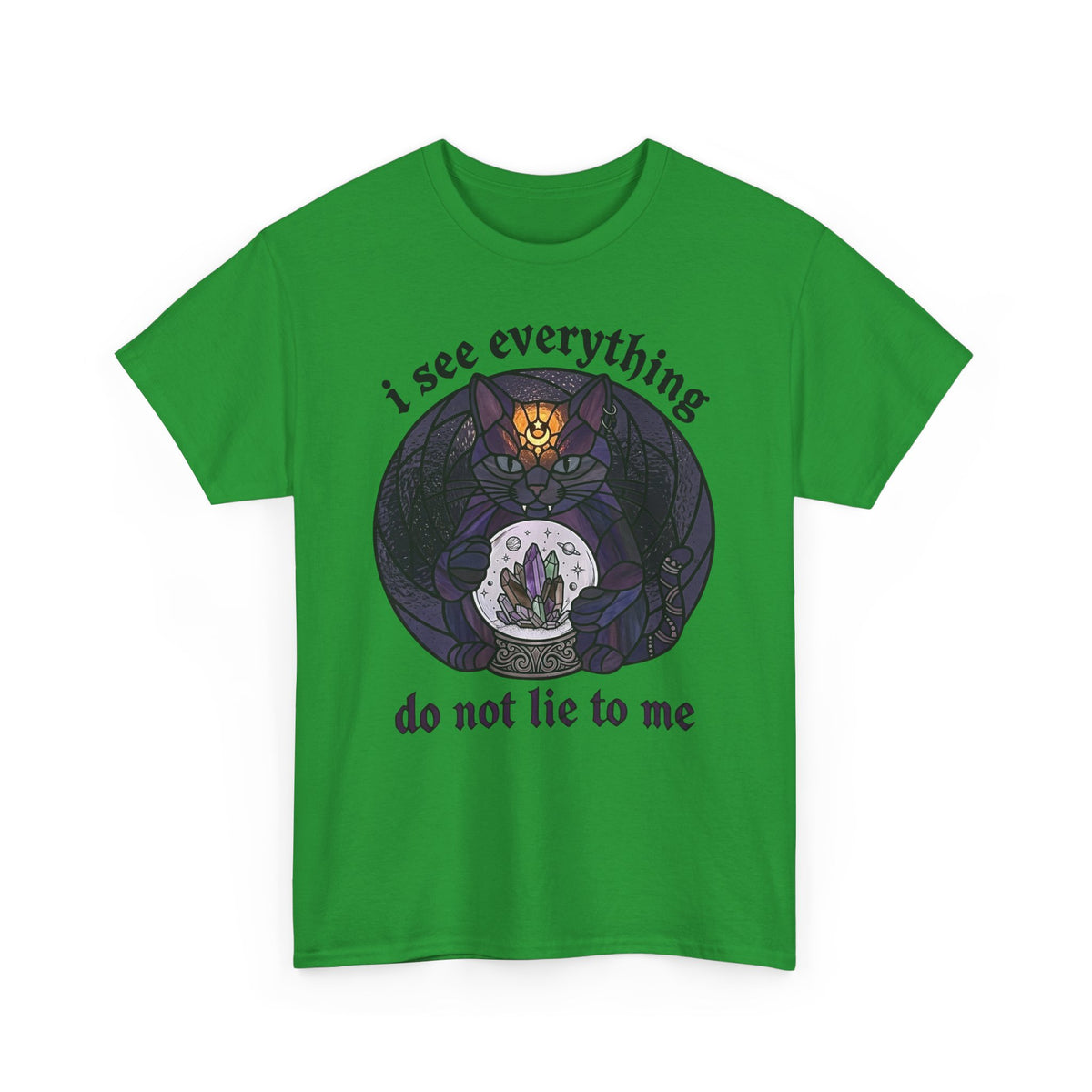 Mystic Fortune Teller Cat T-Shirt "I See Everything" Stained Glass Spiritual Kitten